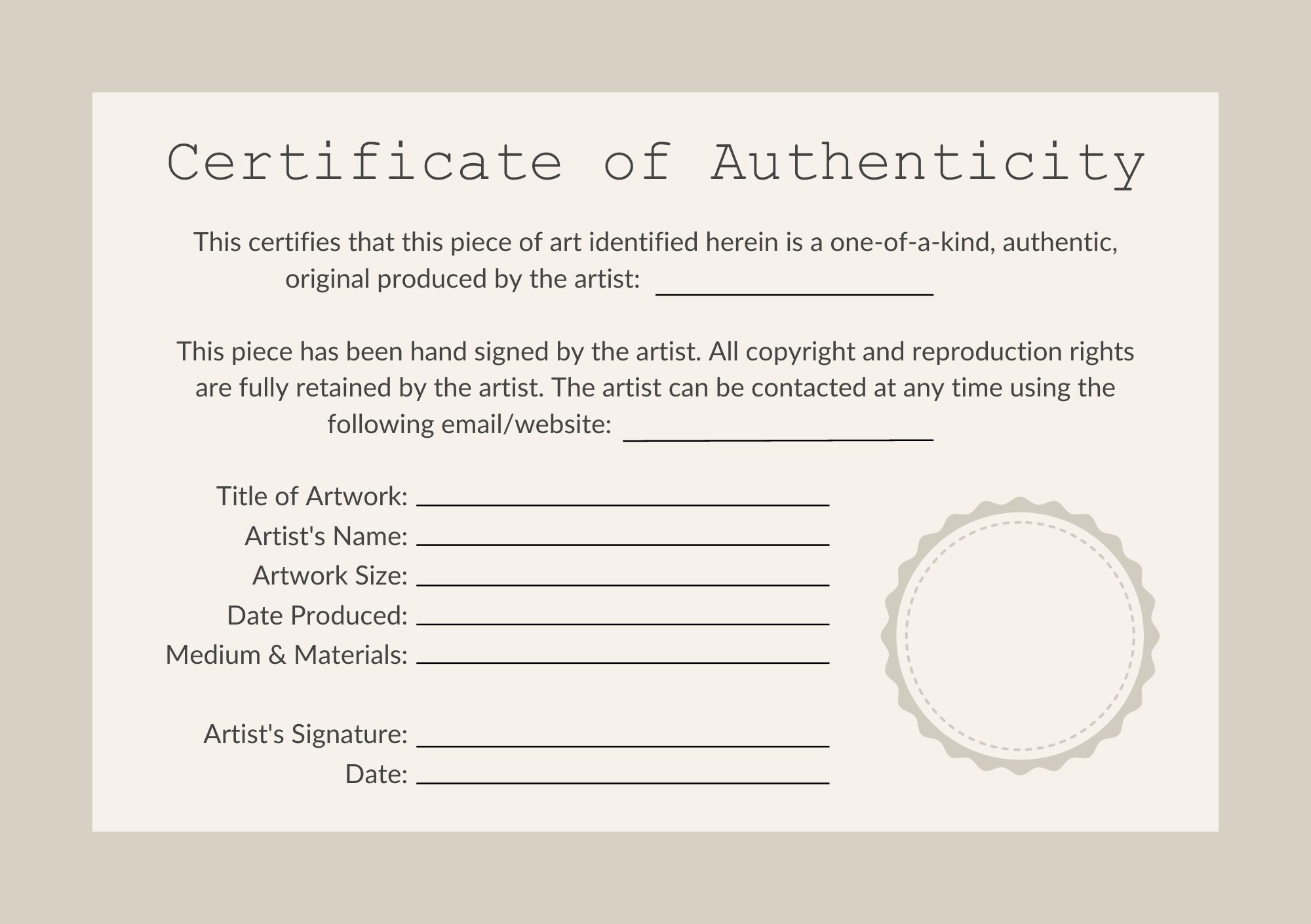 Free Certificate Of Authenticity Templates For Artwork