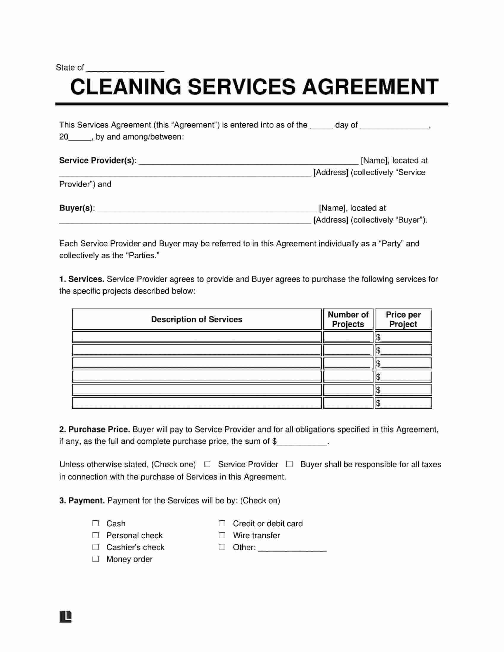 Free Printable Cleaning Contract Template Word