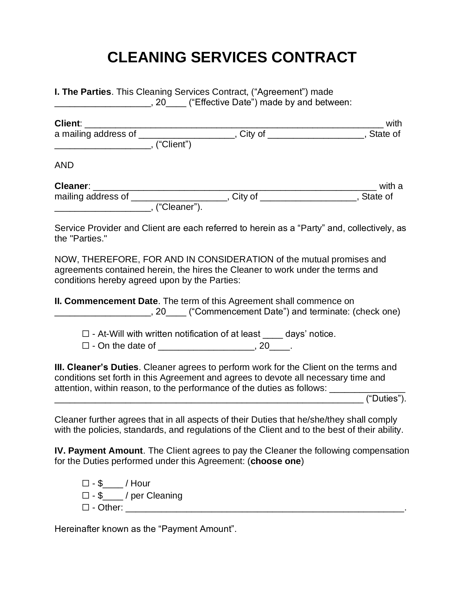 Free Cleaning Service Contract Template PDF Word EForms