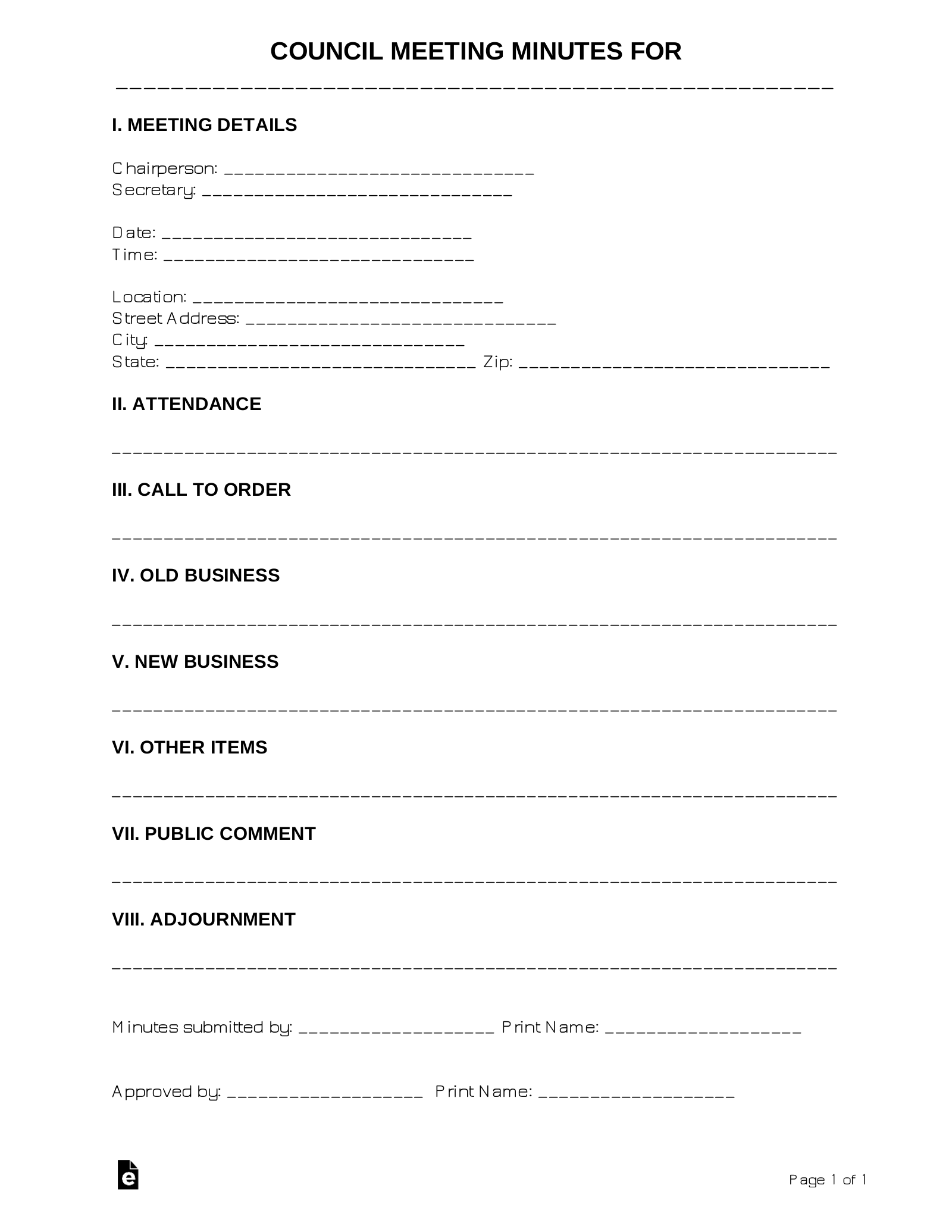 Free Council Meeting Minutes Template PDF Word EForms