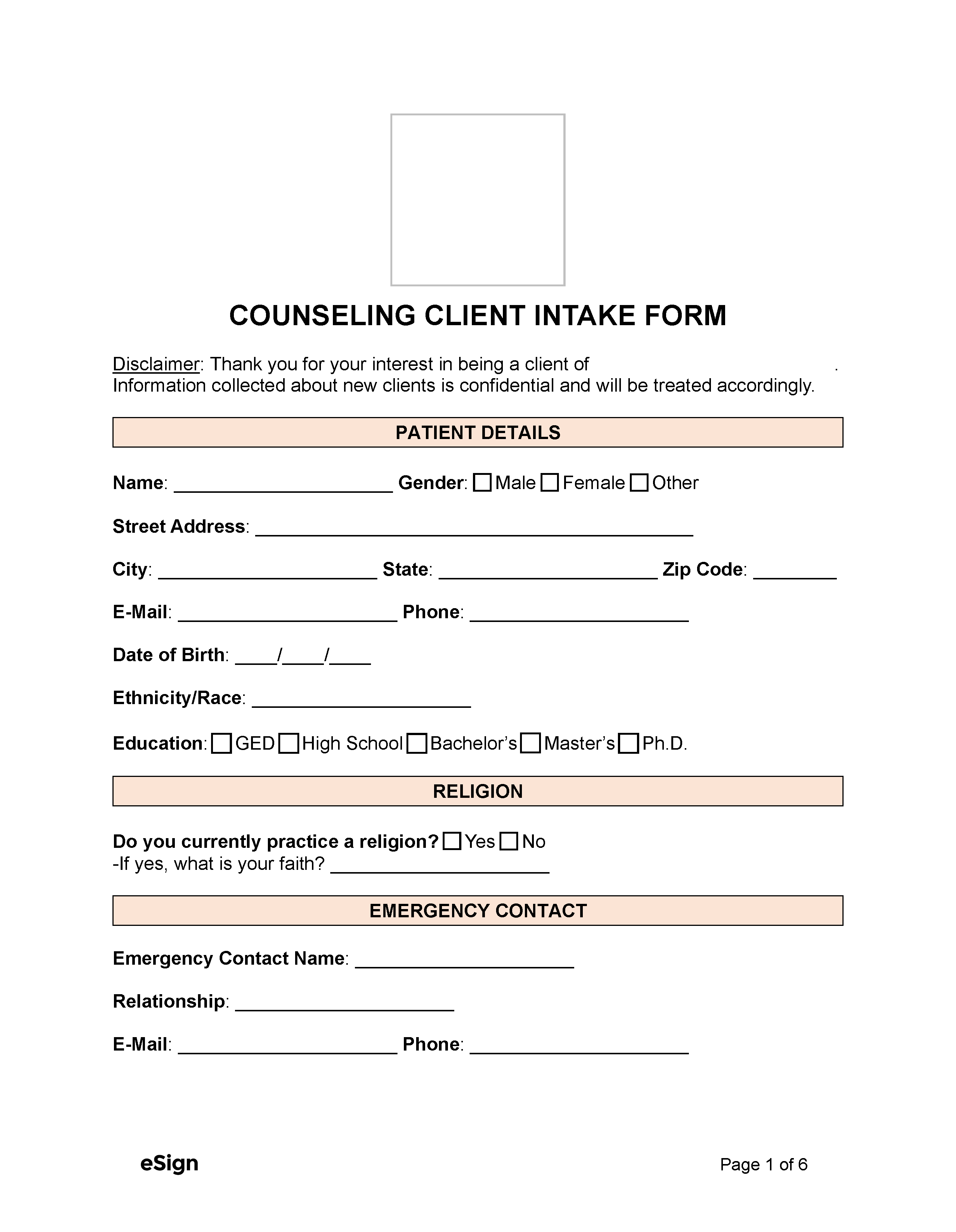 Free Counseling Intake Form PDF Word