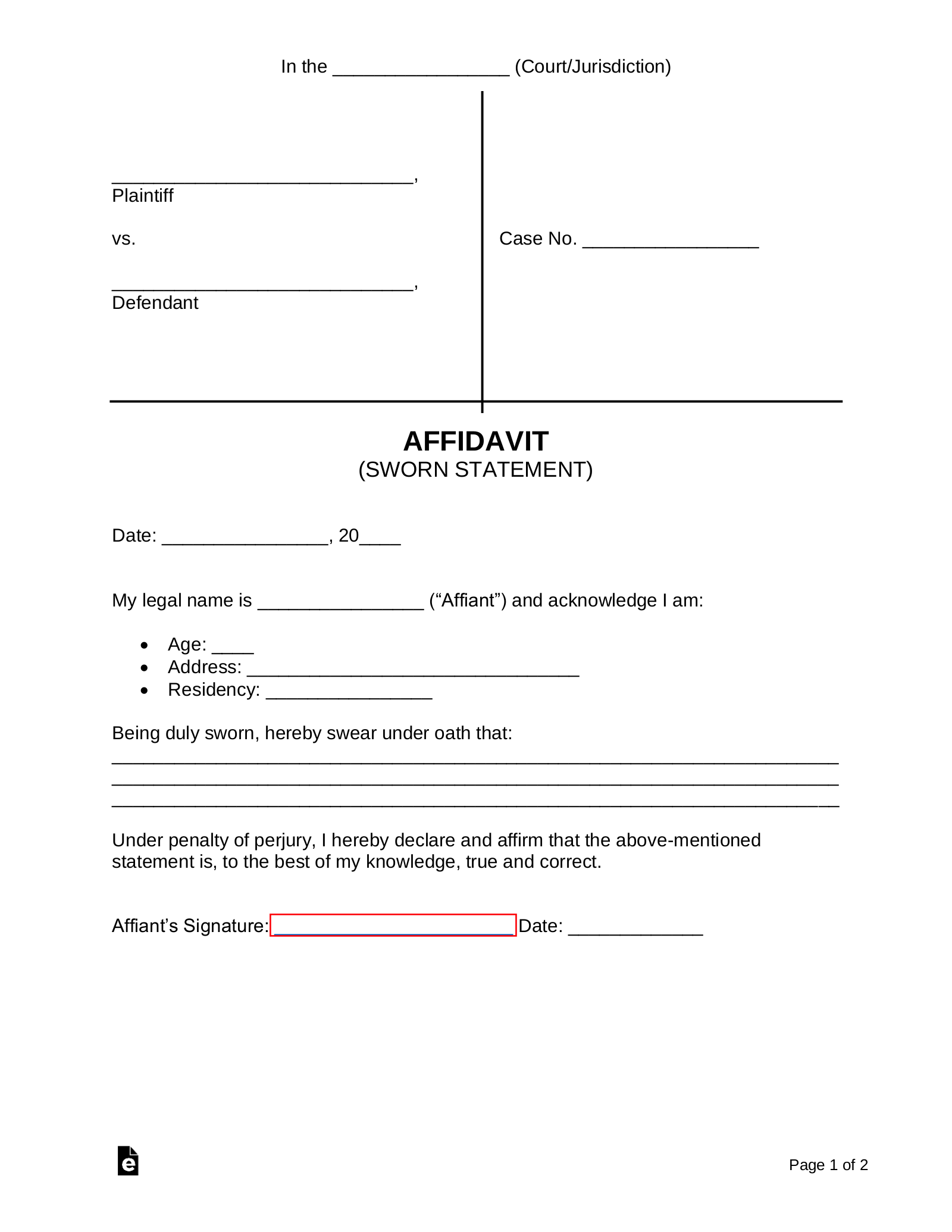 Free Court Affidavit Form Sworn Statement PDF Word EForms