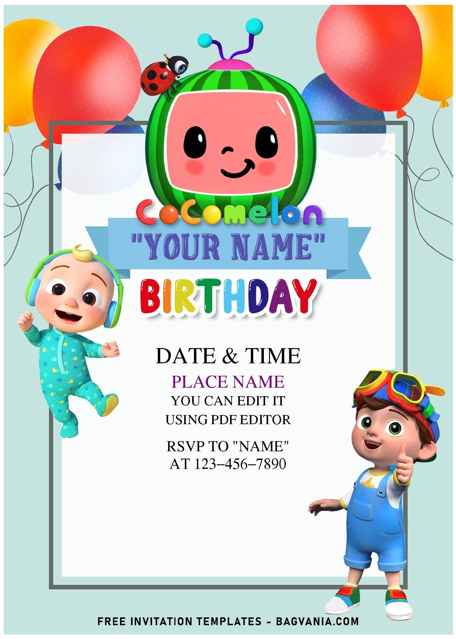 Free Editable PDF Colorful Balloons Cocomelon Birthday Invitation Templates