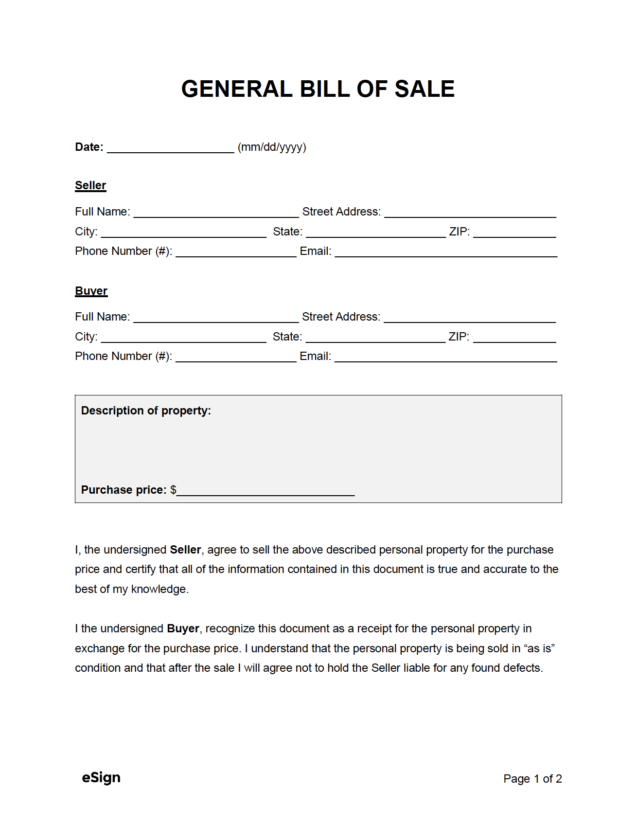 Free General Bill Of Sale Form PDF Word