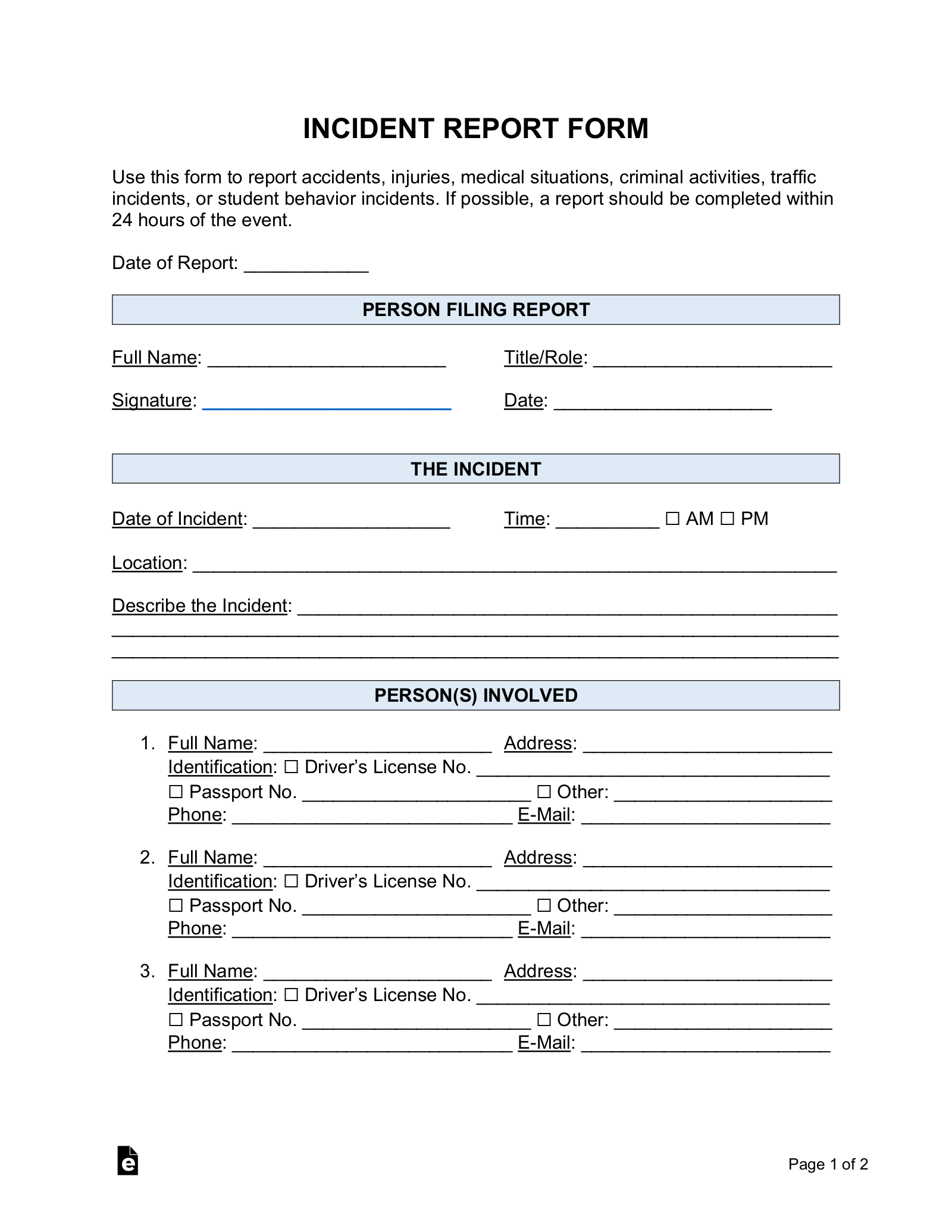 Free Incident Report Templates PDF Word EForms