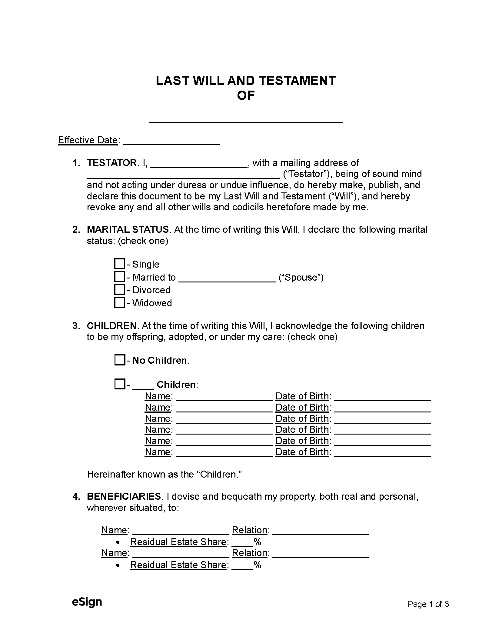 Printable Last Will And Testament Template