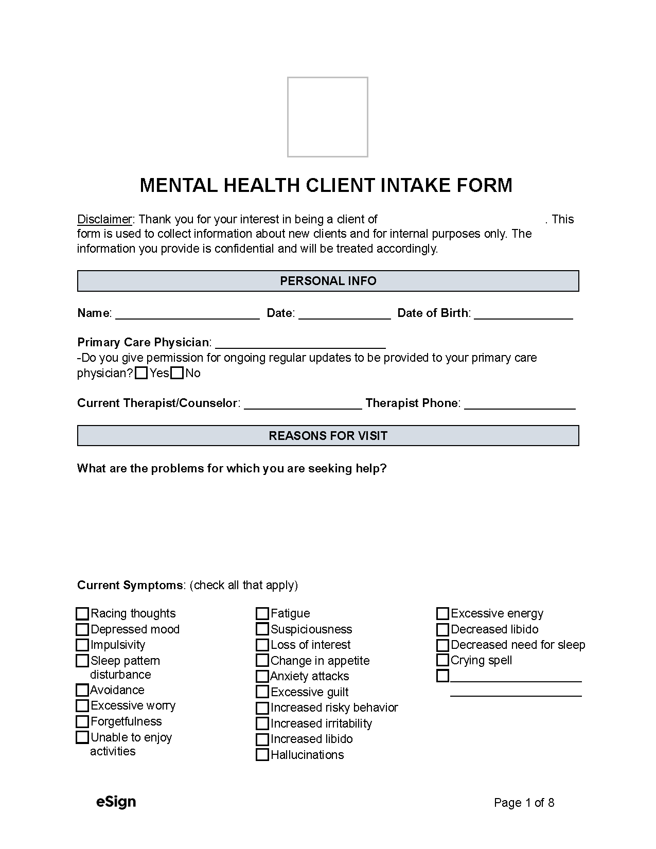 Free Mental Health Intake Form PDF Word