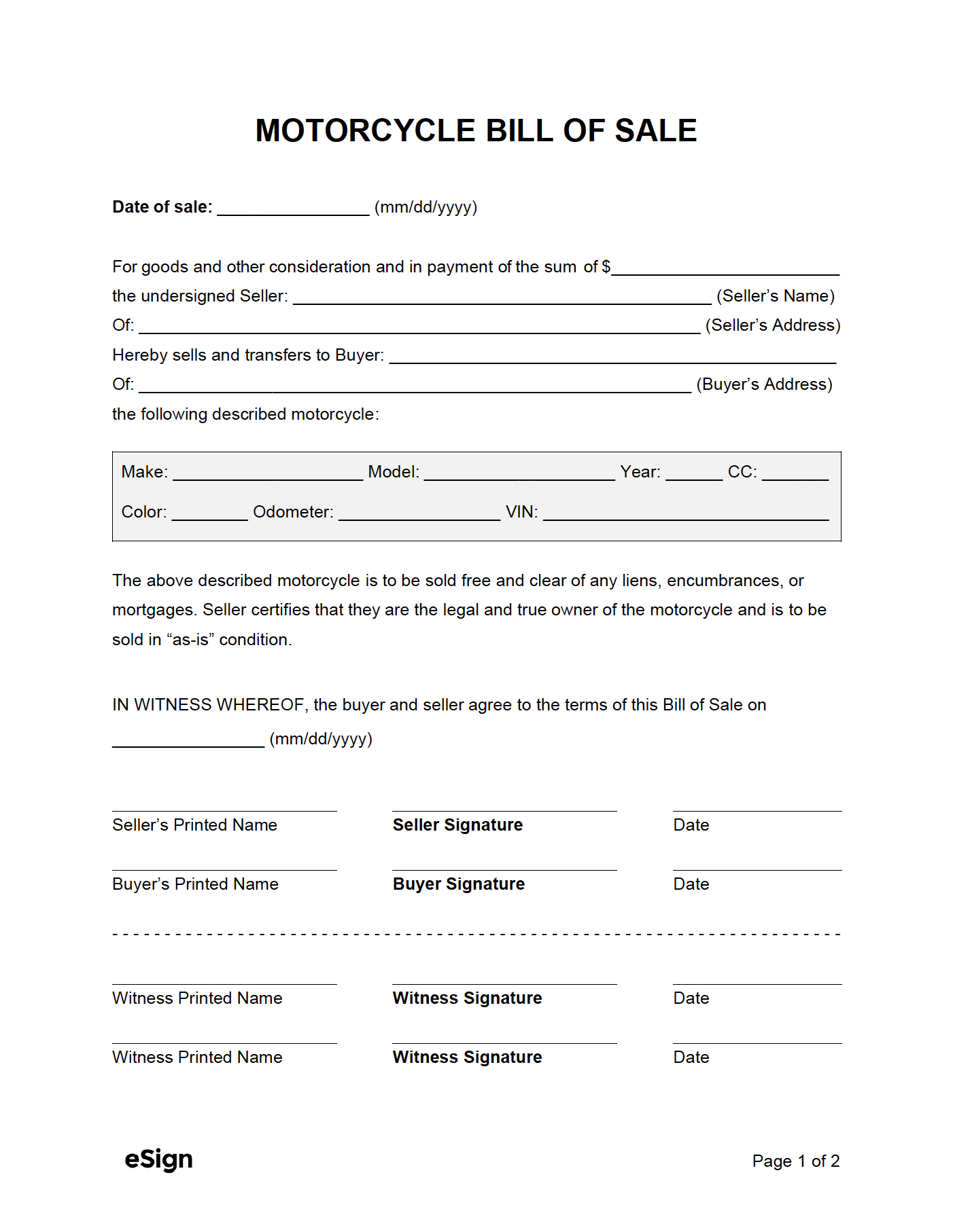 Free Motorcycle Bill Of Sale Form PDF Word