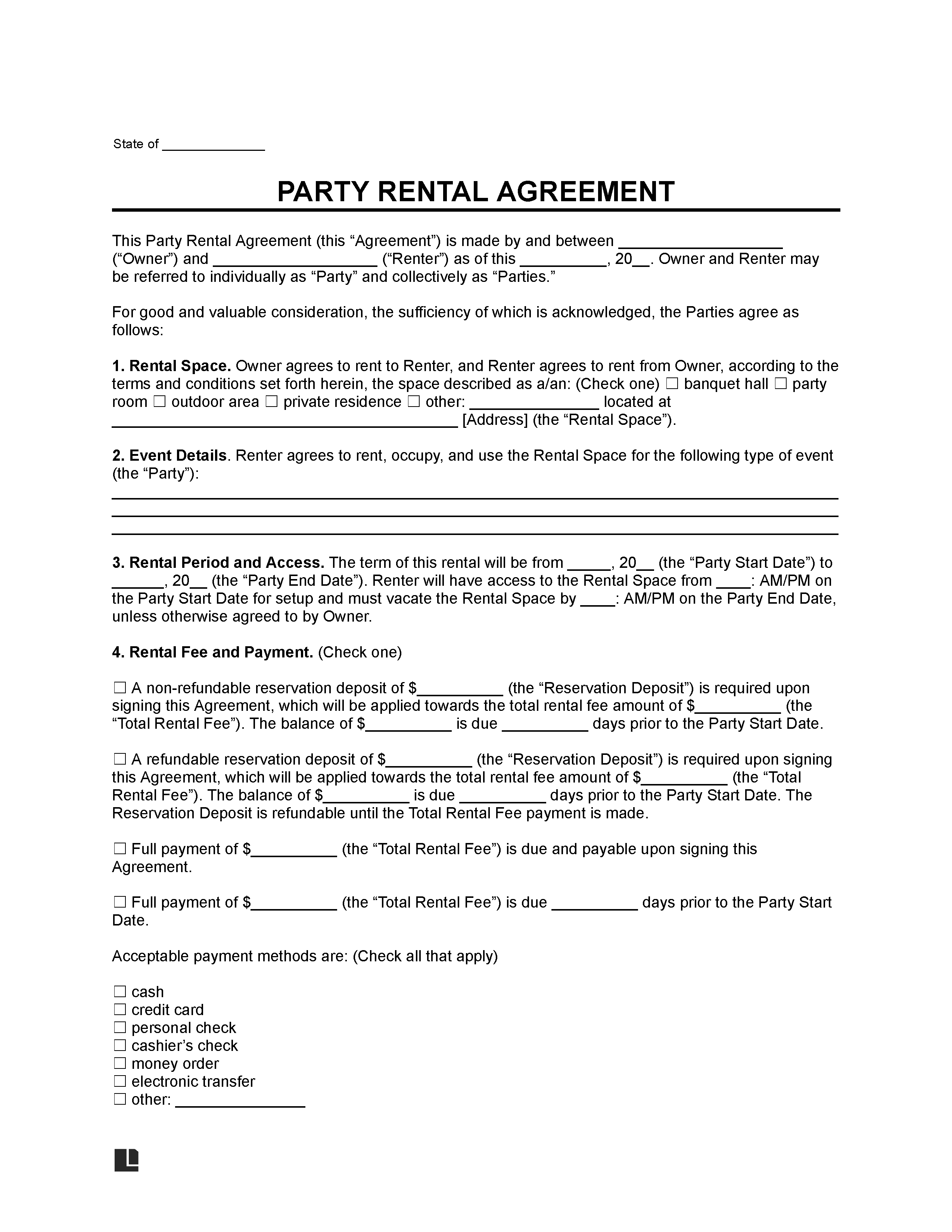 Free Party Rental Agreement Template PDF Word