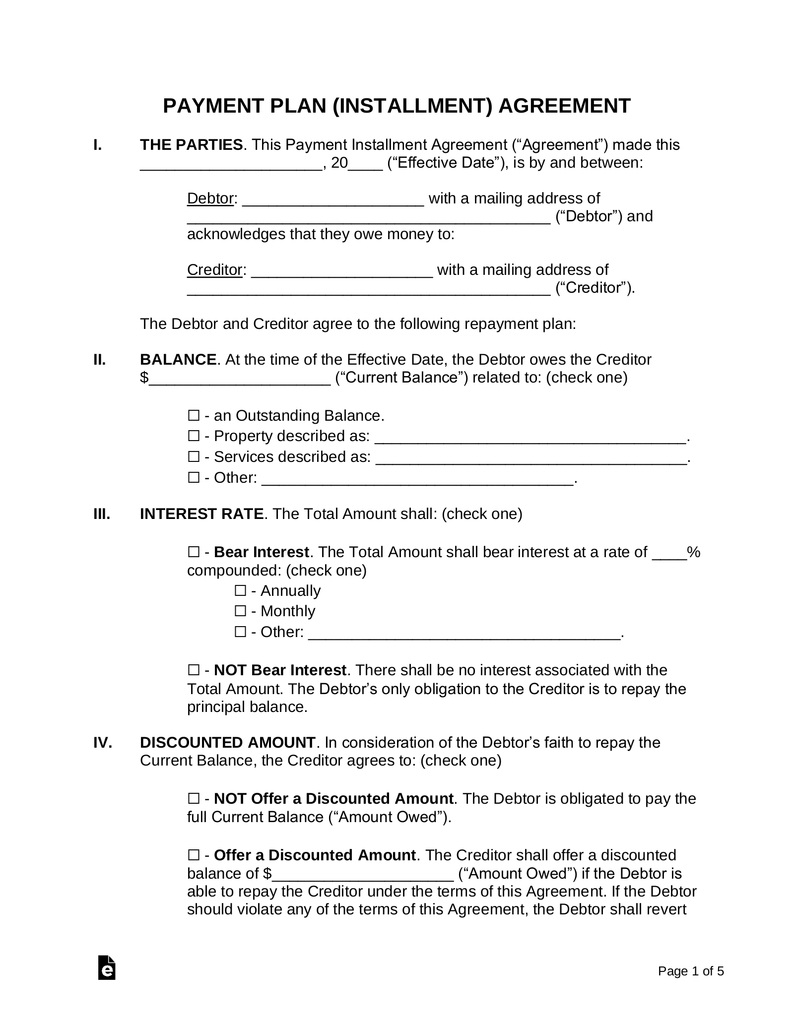 Free Payment Plan Agreement Template PDF Word EForms