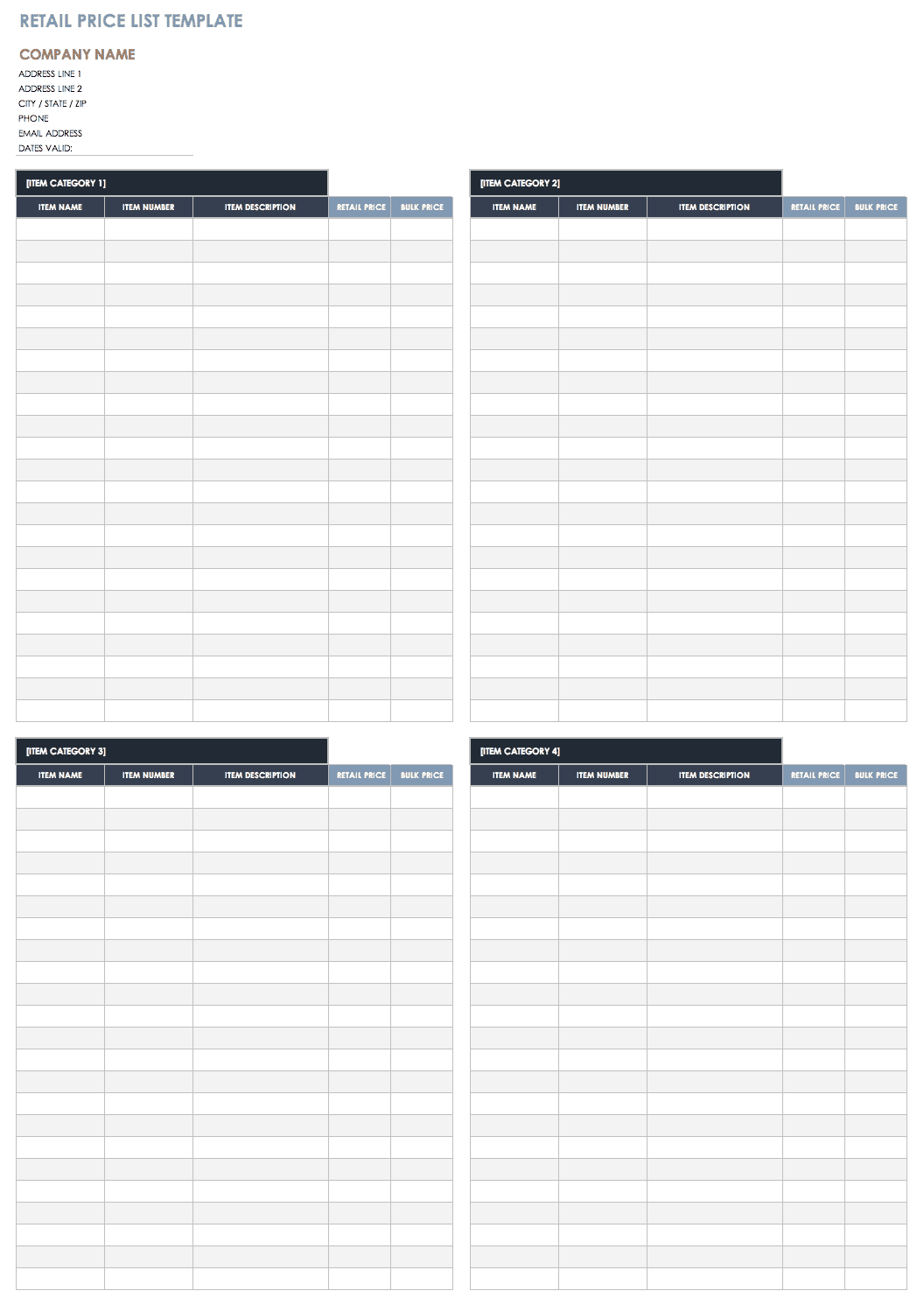 Printable Blank Price List Template