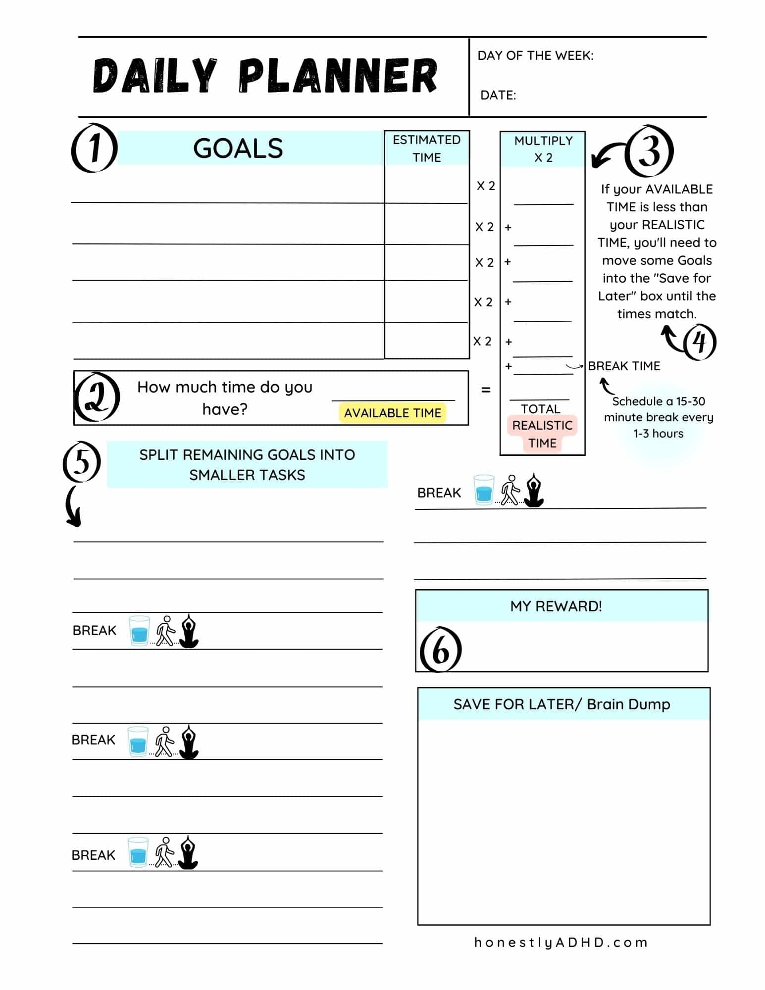 Free Printable ADHD Daily Planner Achieve Realistic Goals Honestly ADHD