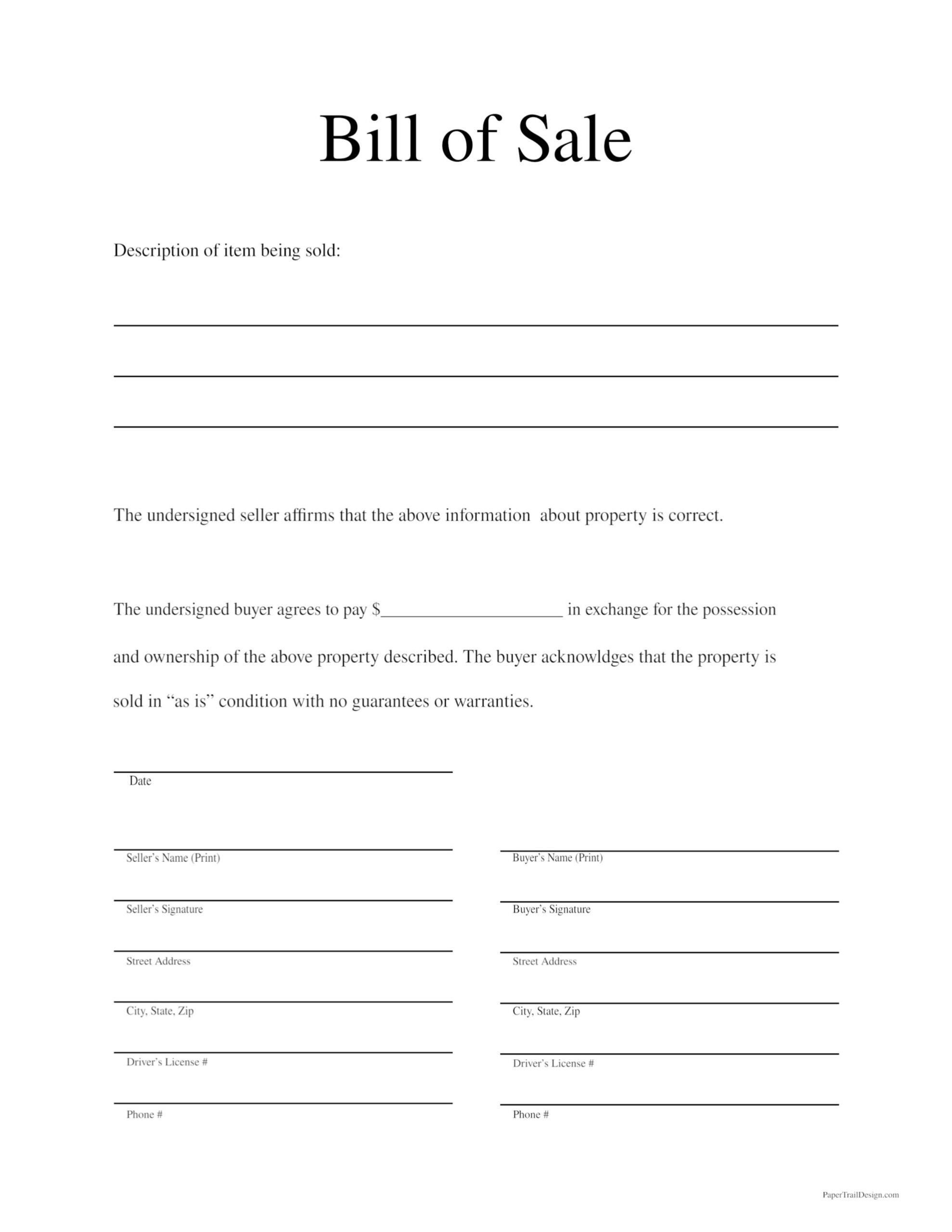 Pdf Printable General Bill Of Sale Template Word