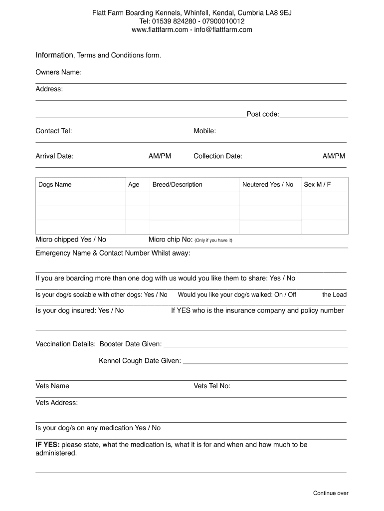 Printable Dog Boarding Form Template