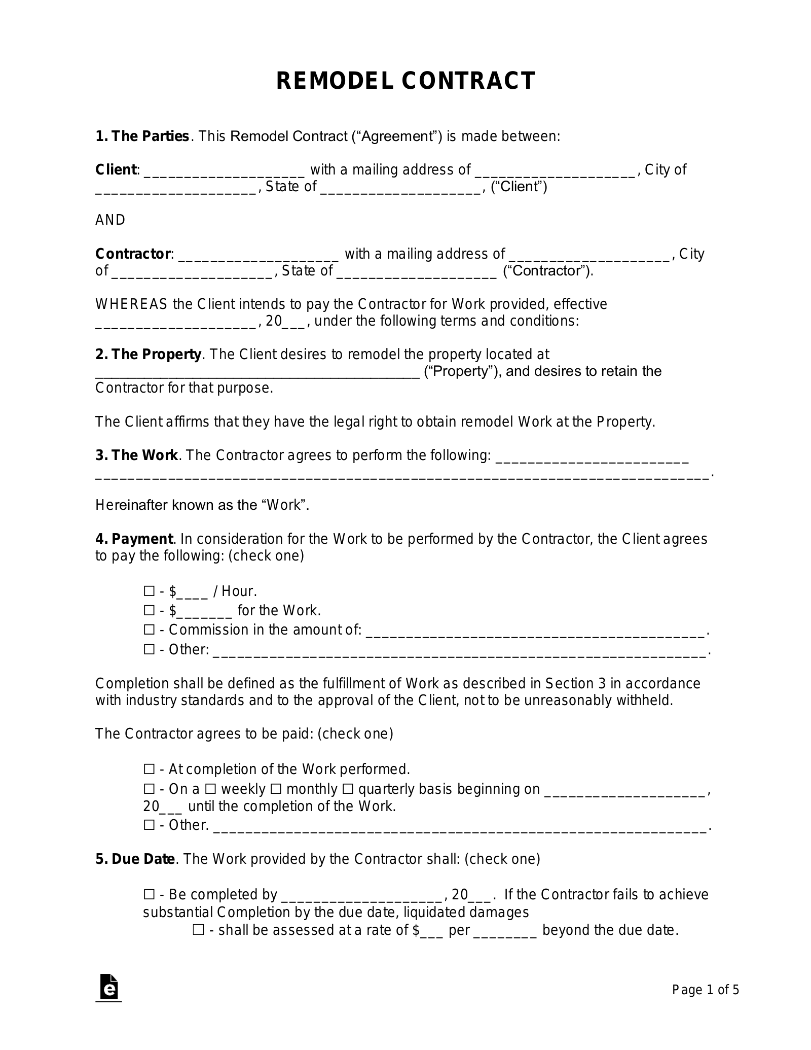 Free Remodeling Contract Template PDF Word EForms