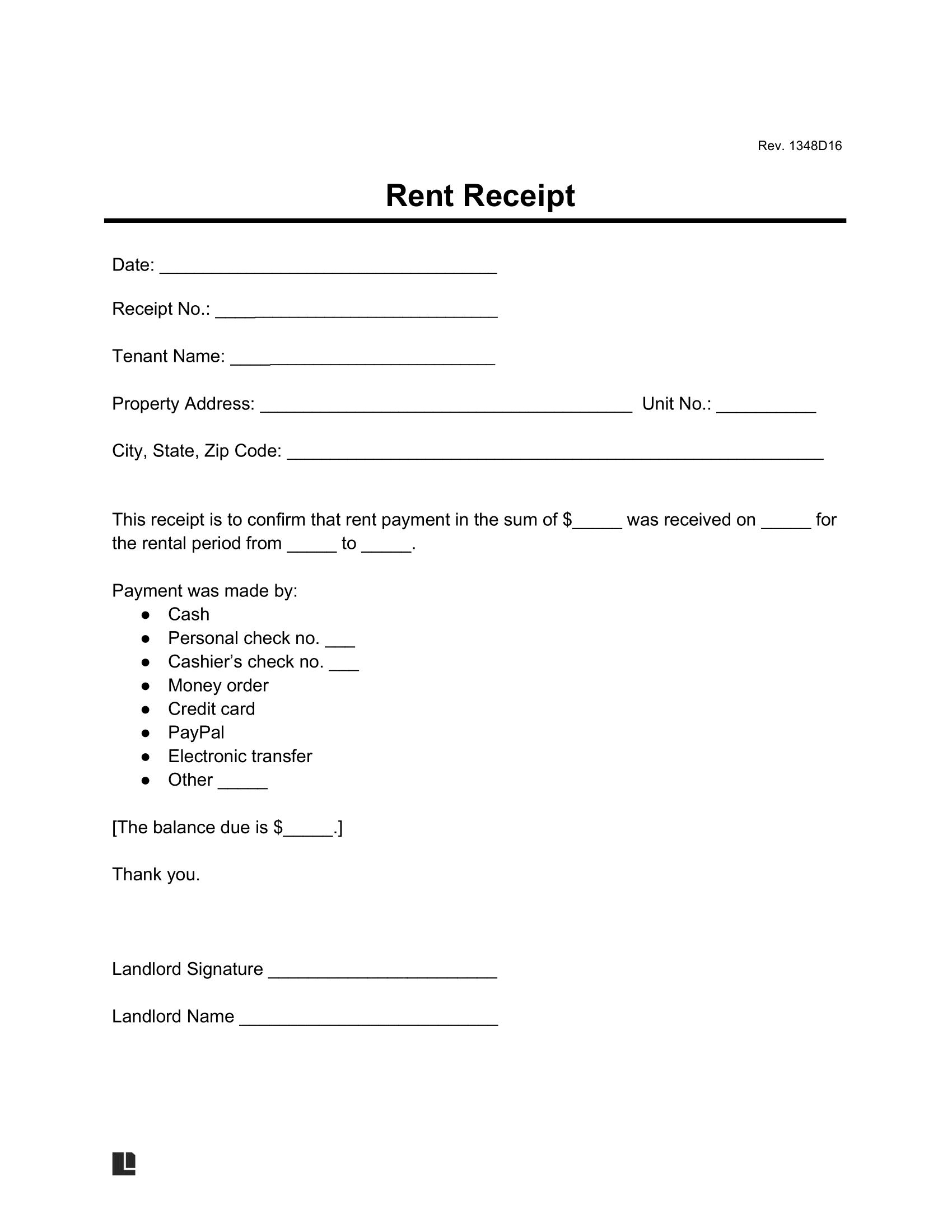 Free Rent Receipt Template PDF Word