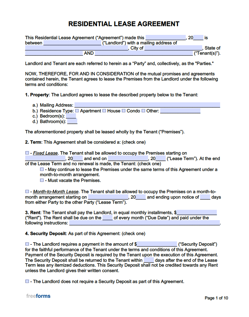 Free Rental Lease Agreement Templates PDF Word