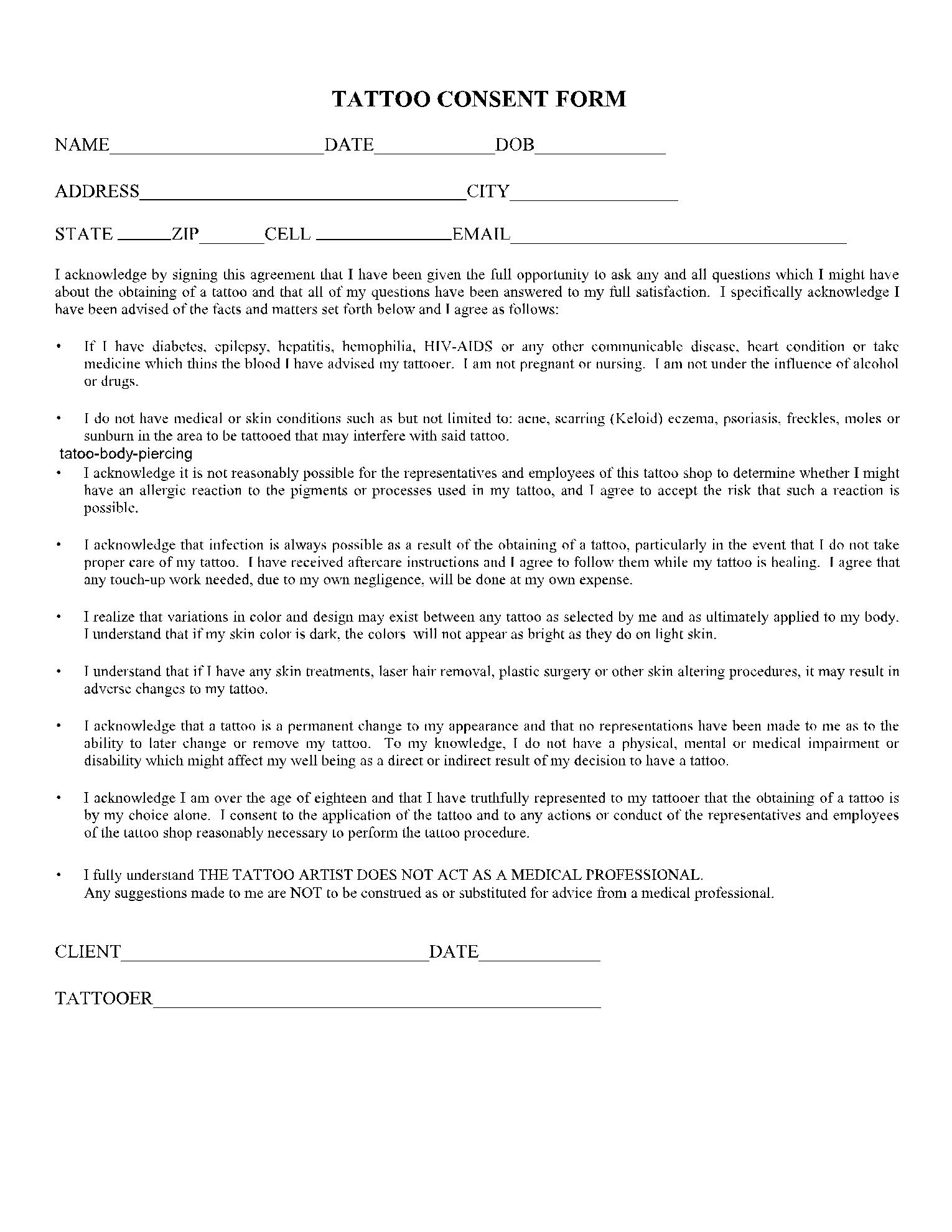 Printable Tattoo Consent Forms