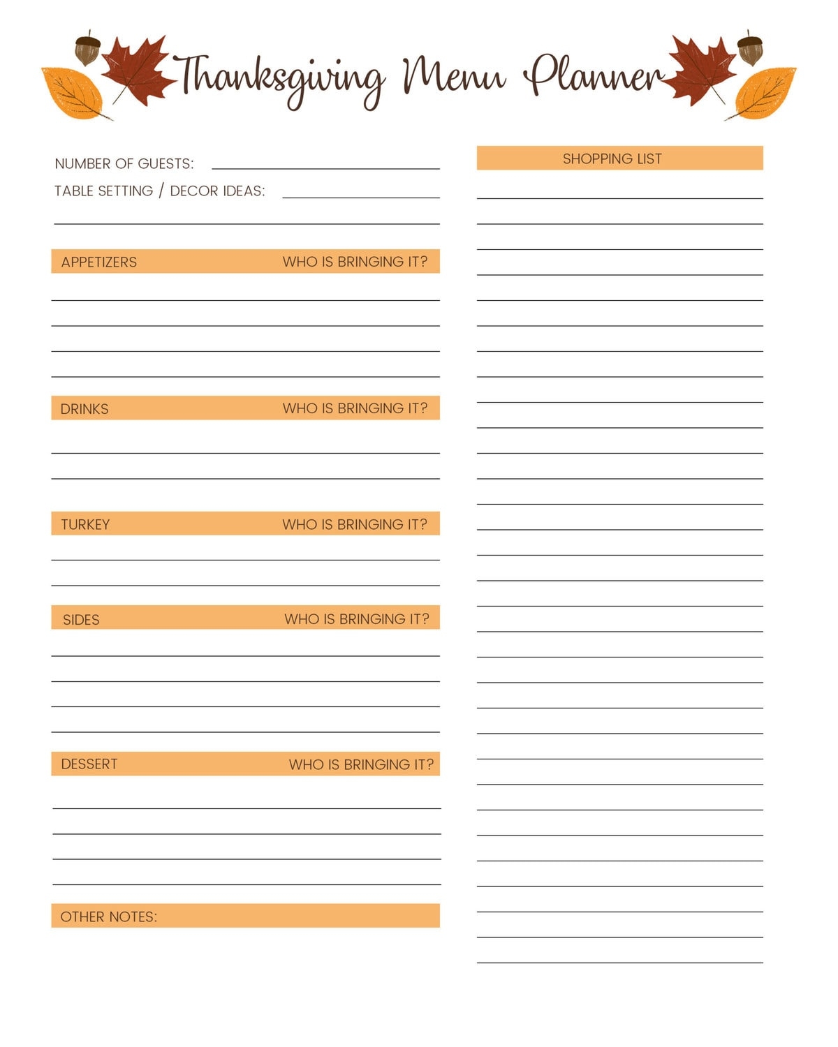 Printable Thanksgiving Menu Template Free