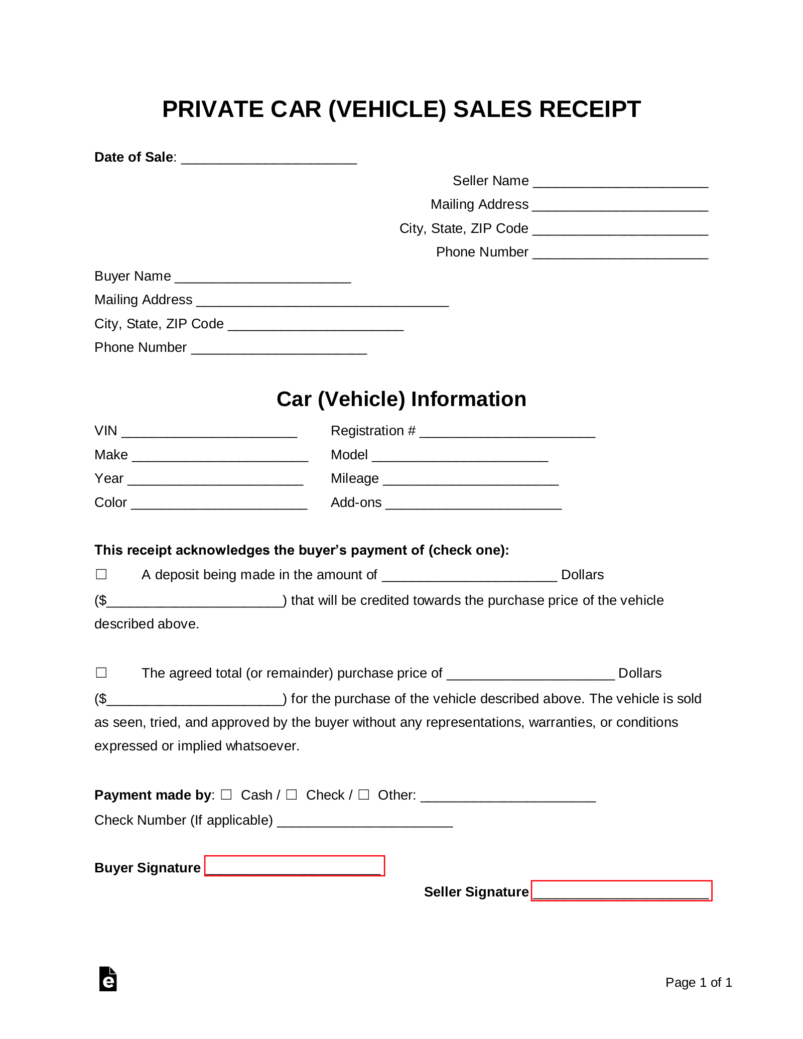 Free Vehicle Private Sale Receipt Template PDF Word EForms