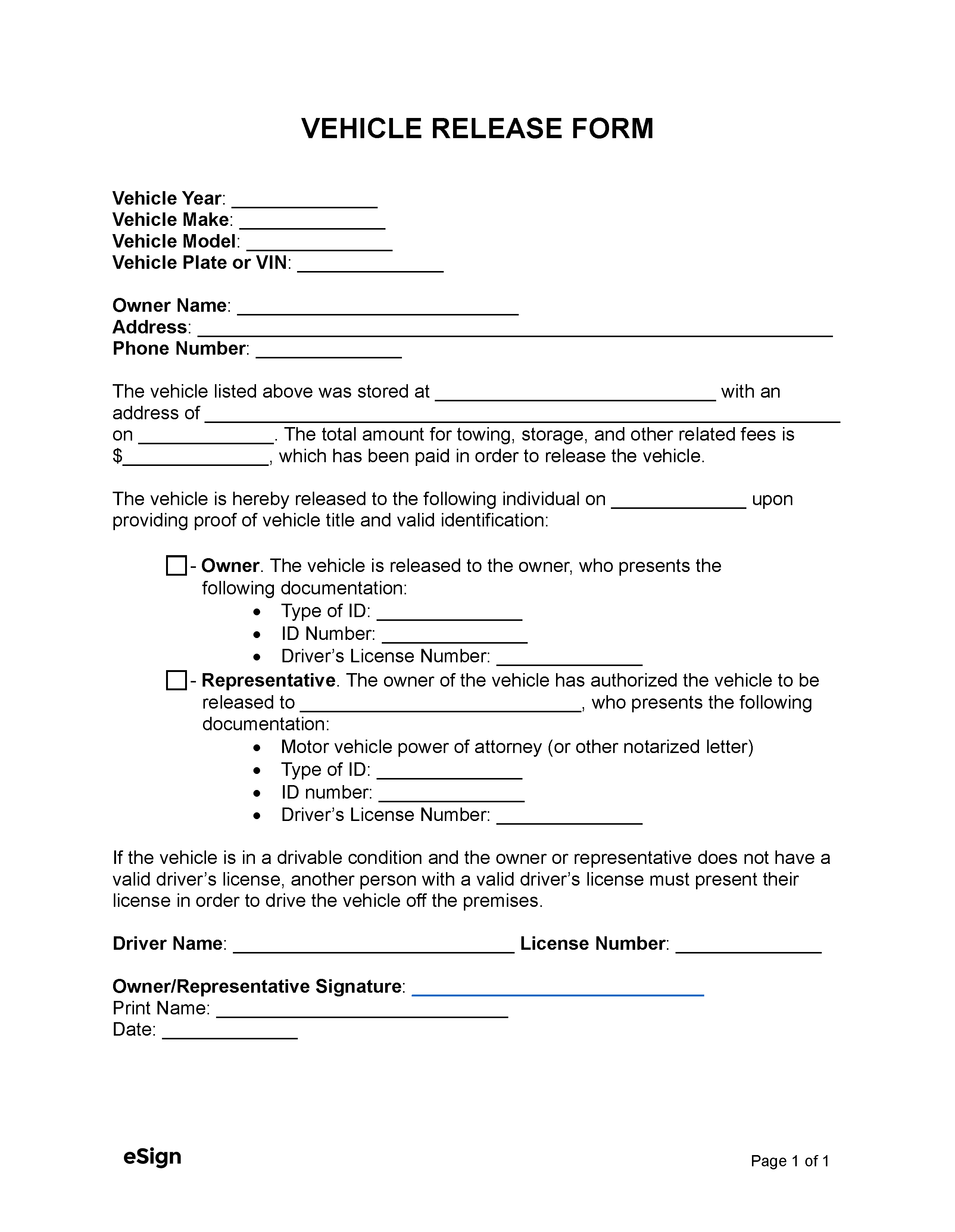 Free Vehicle Release Form PDF Word