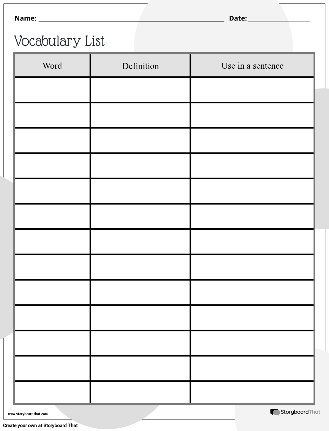 Free Vocabulary Worksheet Templates At StoryboardThat