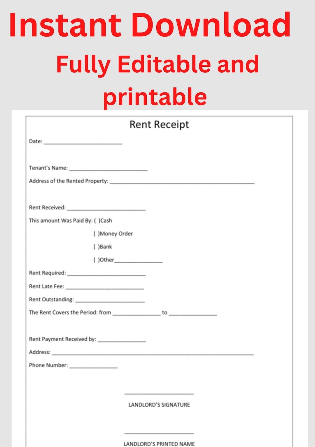 Printable Landlord Rent Receipt Template