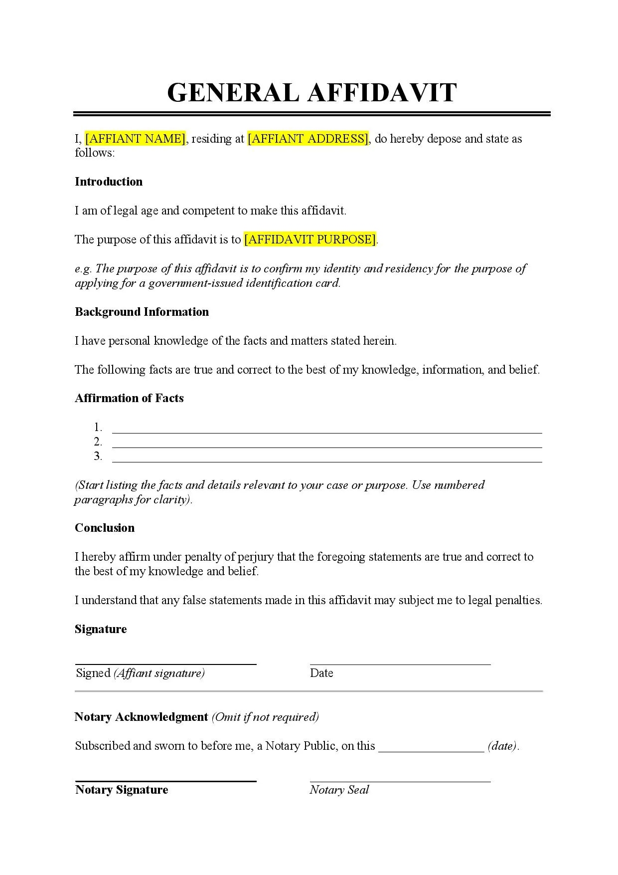 Printable Sworn Statement Affidavit Template