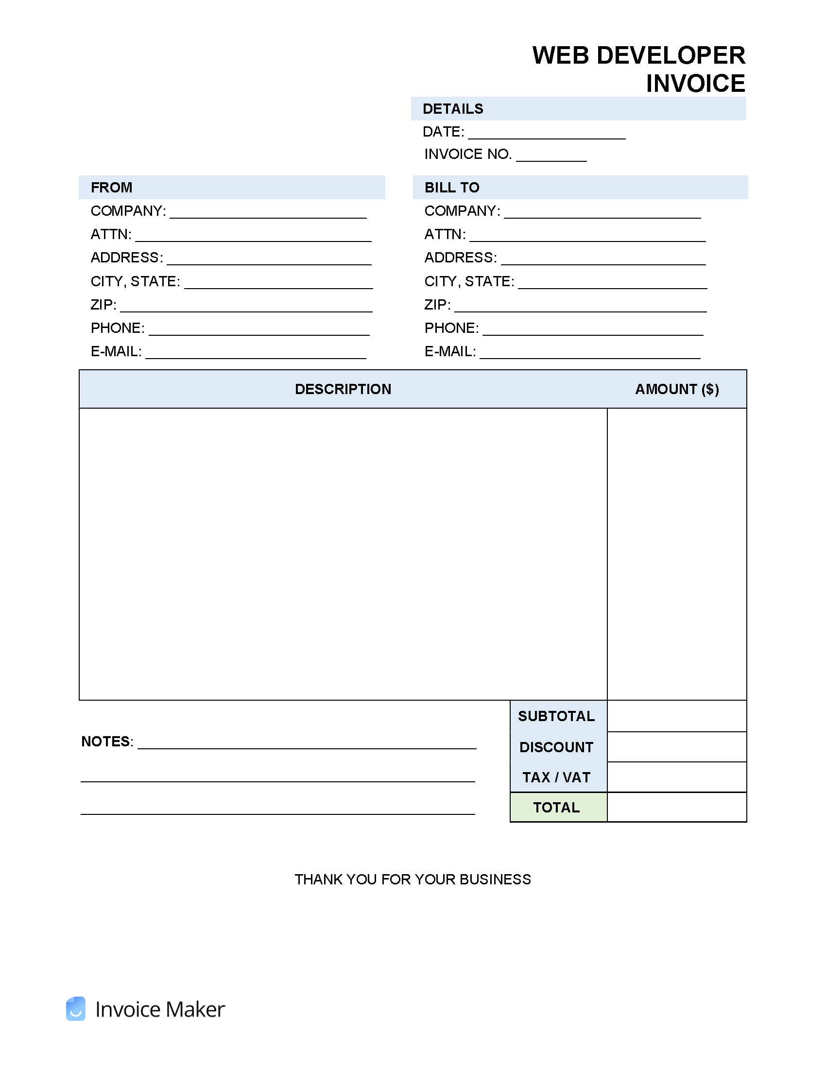 Blank Self Employed Printable Invoice Template