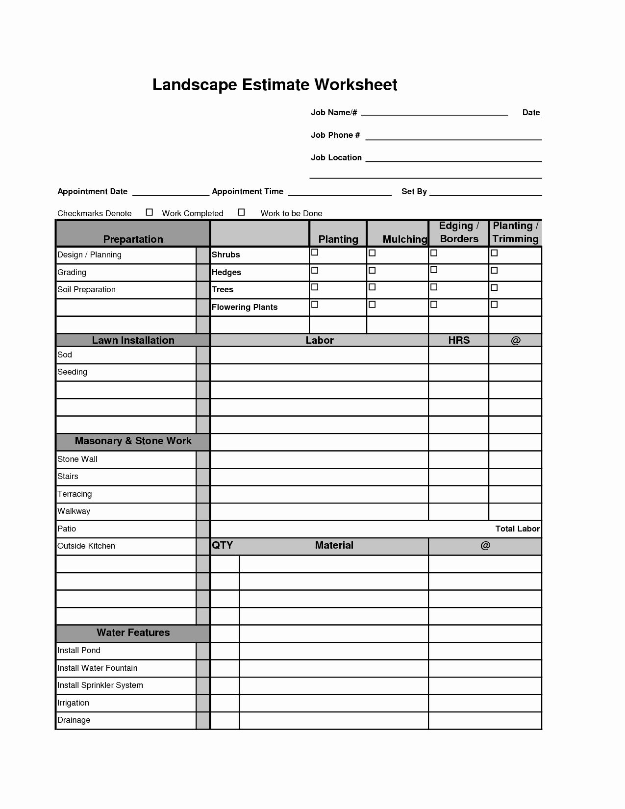 Printable Lawn Care Bid Sheet Template