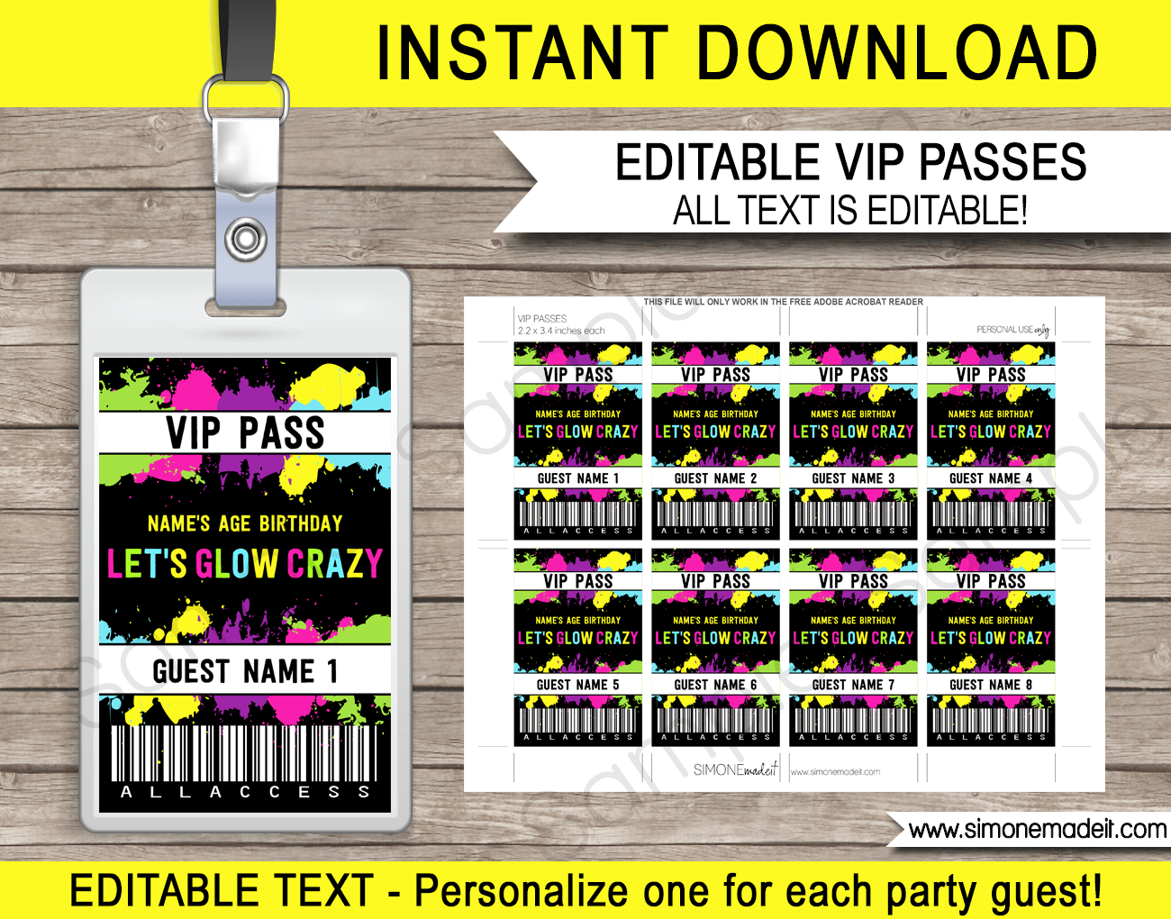 Let s Glow Crazy VIP Passes Printable Neon Theme Party Template