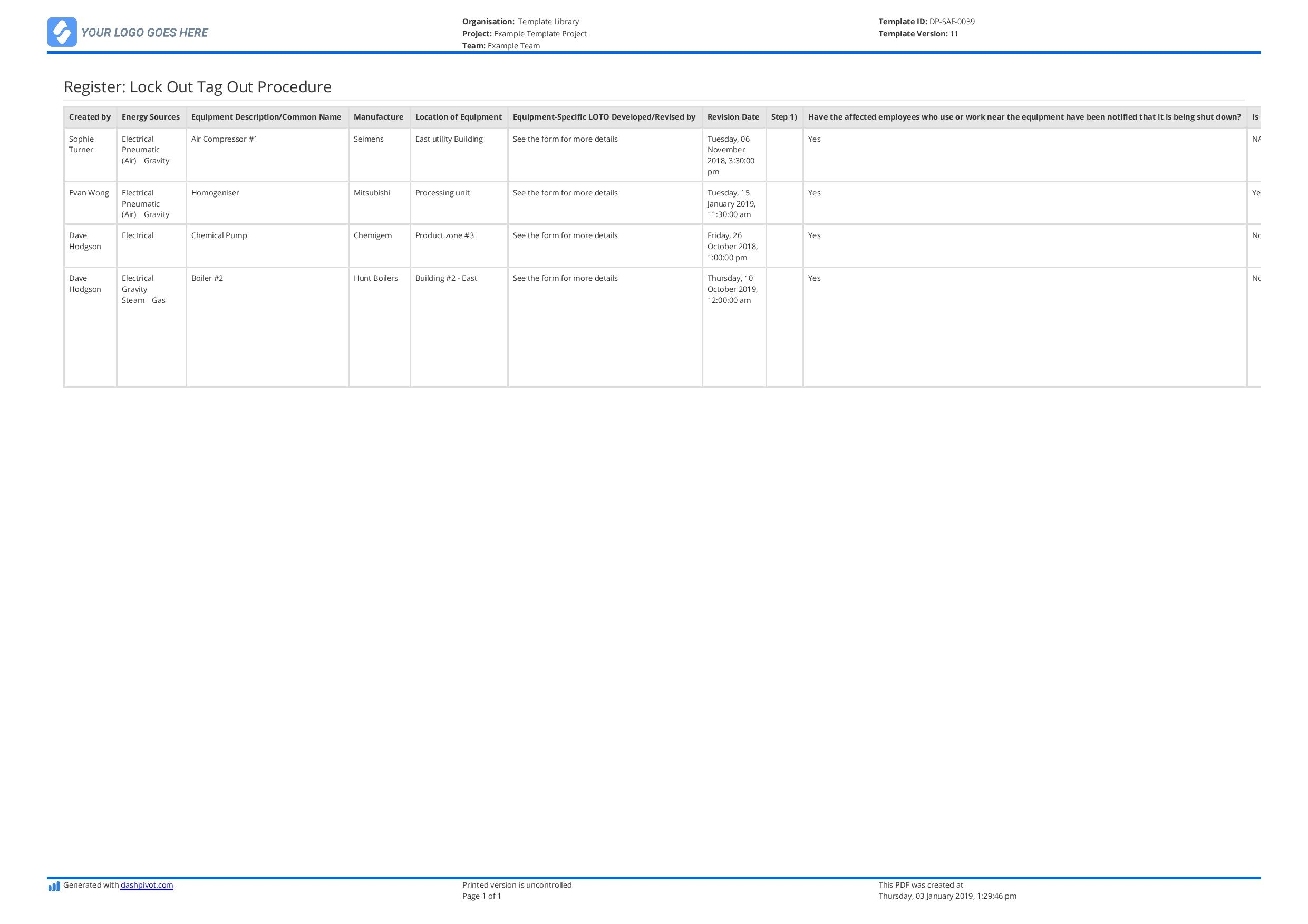 Printable Lockout Tagout Template Excel