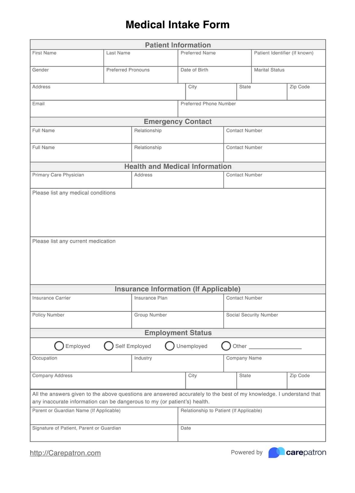 Printable Medical Intake Form Template