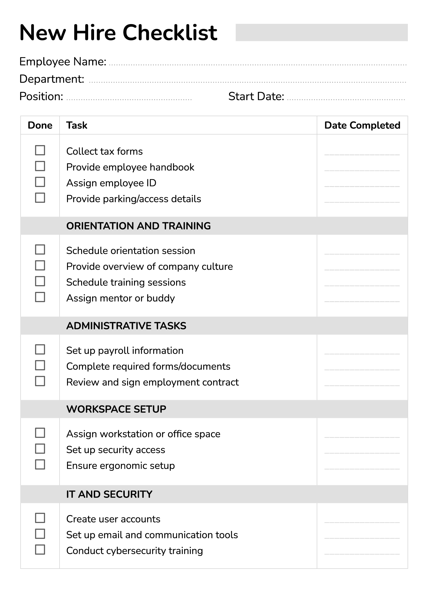 Printable New Employee Checklist Template