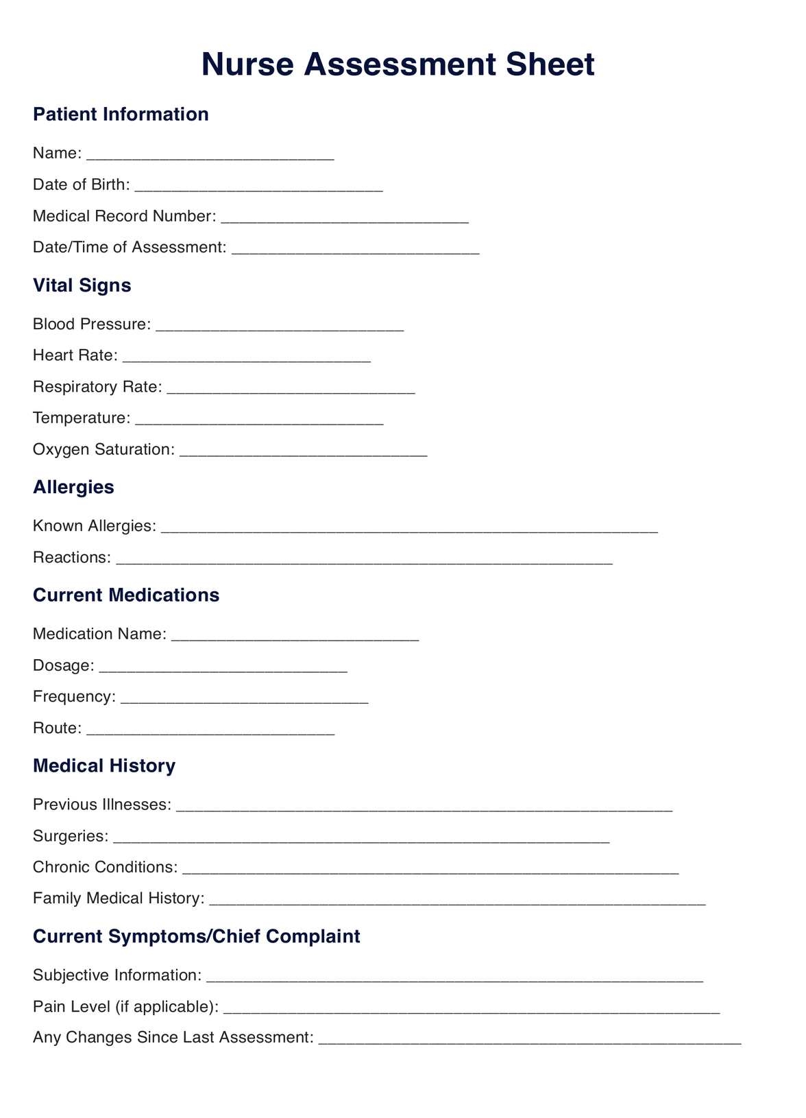 Nurse Assessment Sheet Template Example Free PDF Download