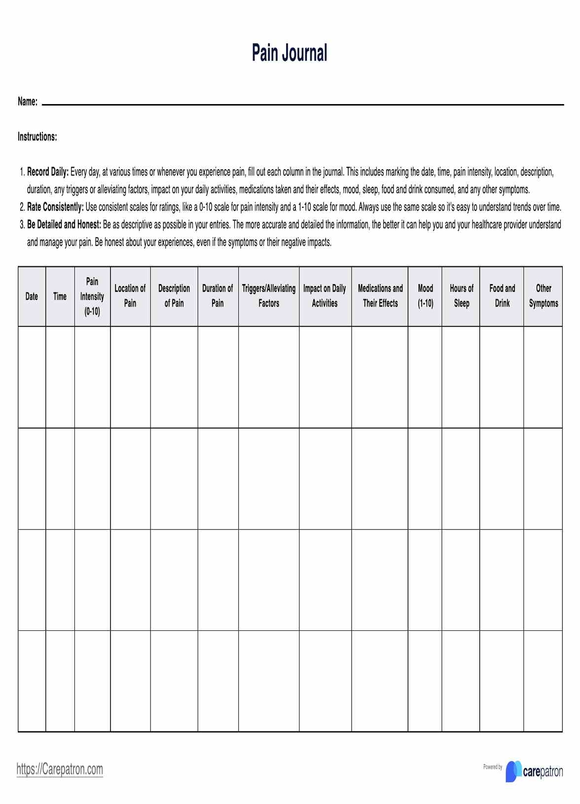 Free Printable Pain Diary Template