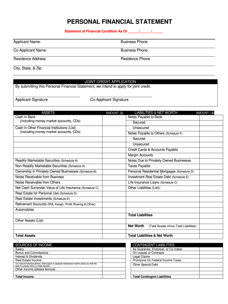 Printable Personal Financial Statement Template