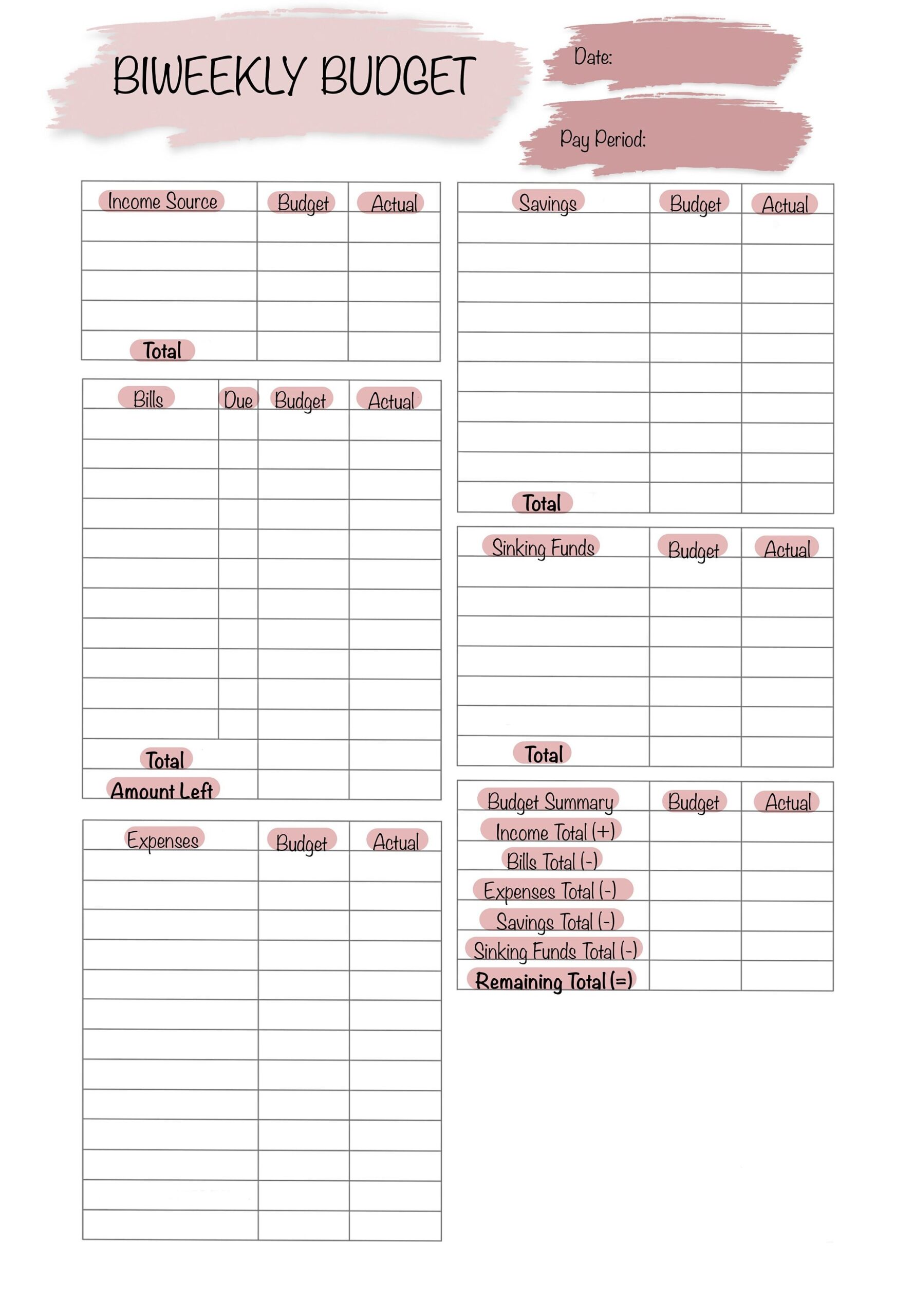 Printable Bi Weekly Budget Template