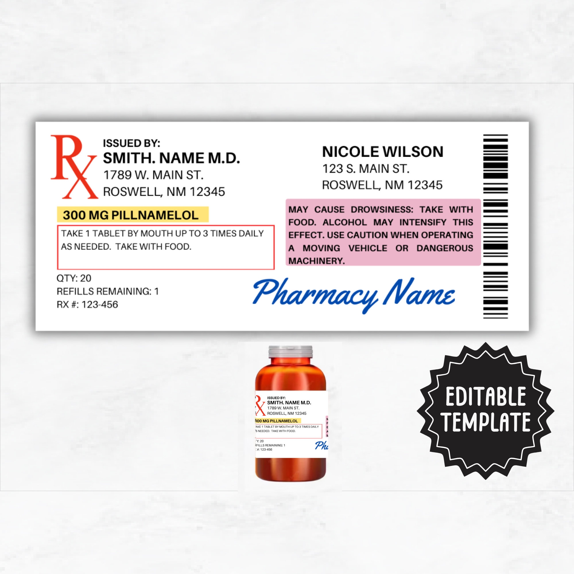 Prescription Label Template Editable Horizontal RX Bottle Label Template Pill Bottle Label Custom Prescription Bottle Label Etsy