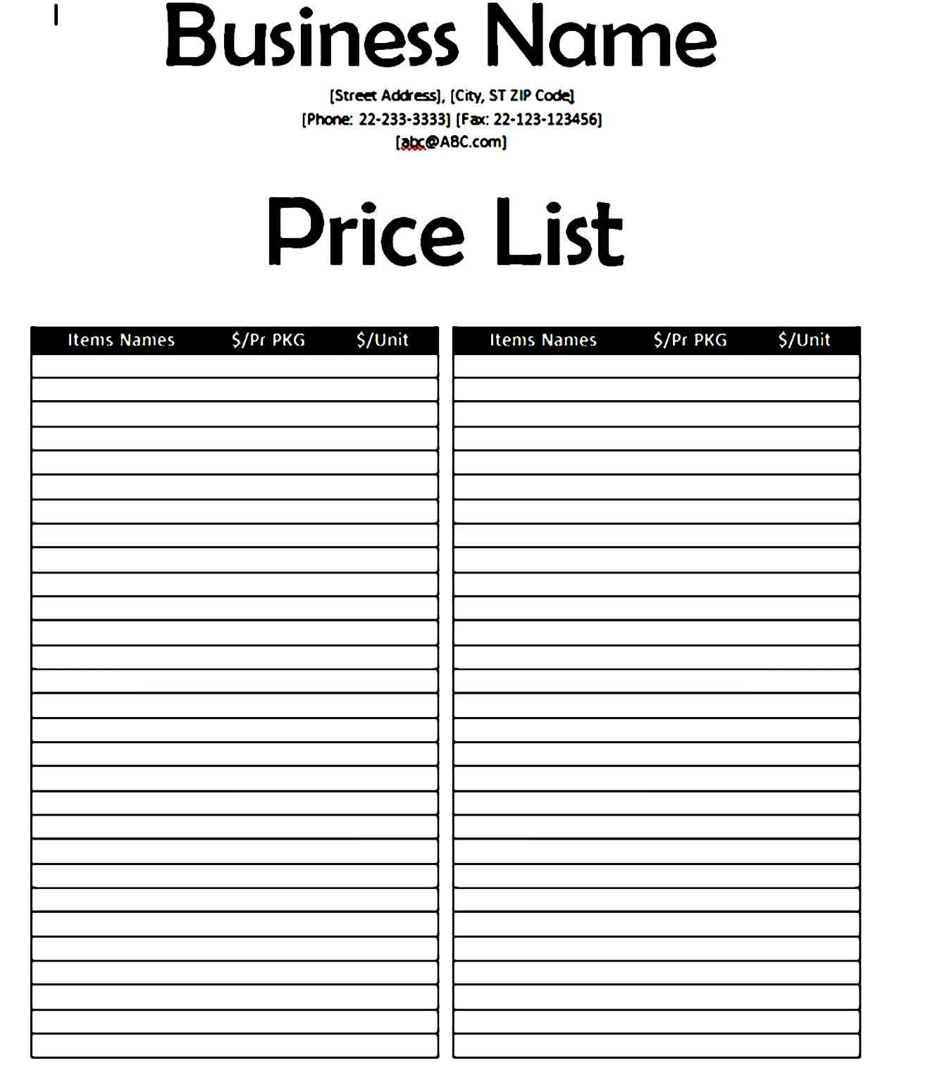 Price Sheet Template Printable