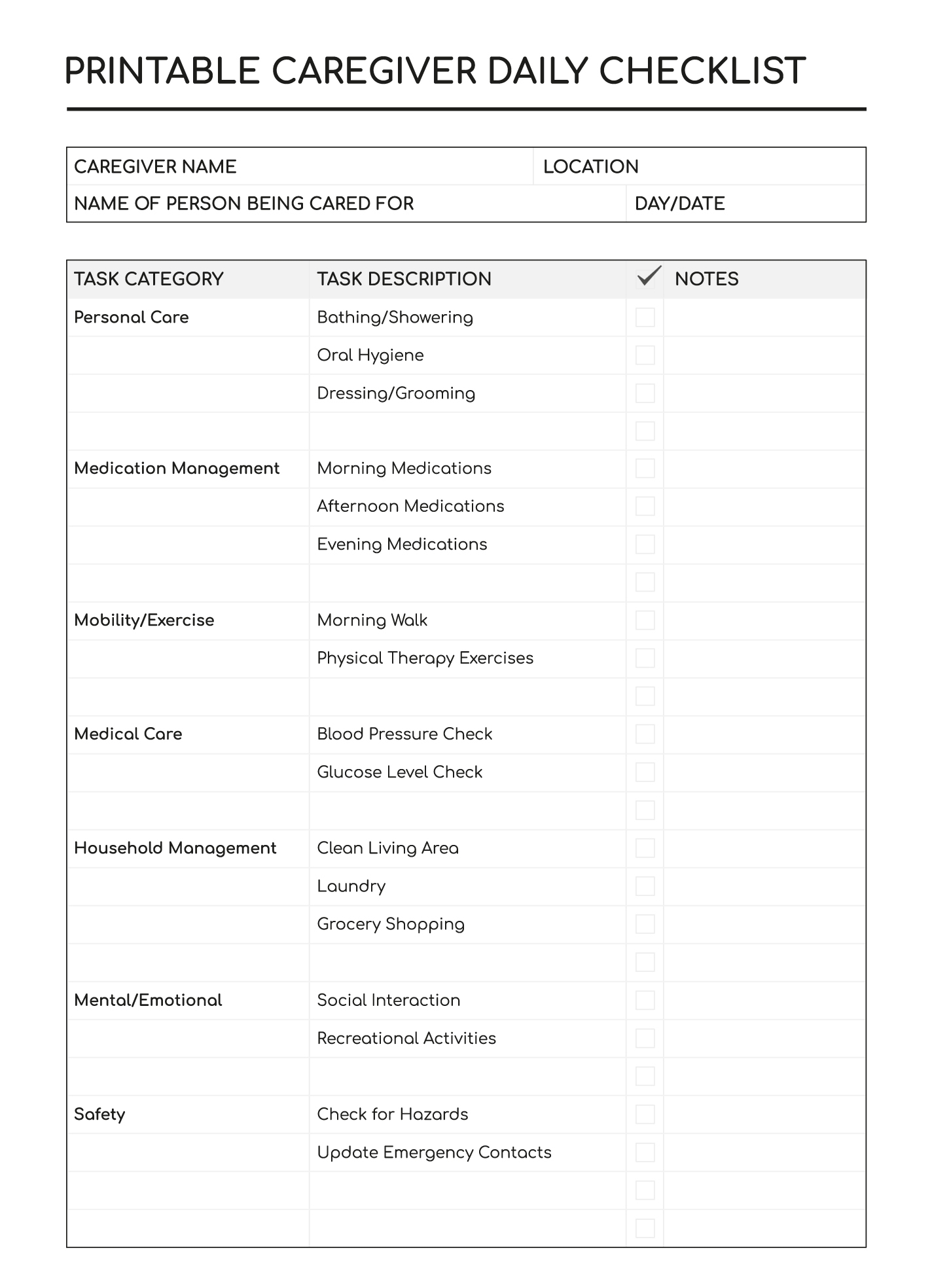 Free Printable Caregiver Daily Checklist Template