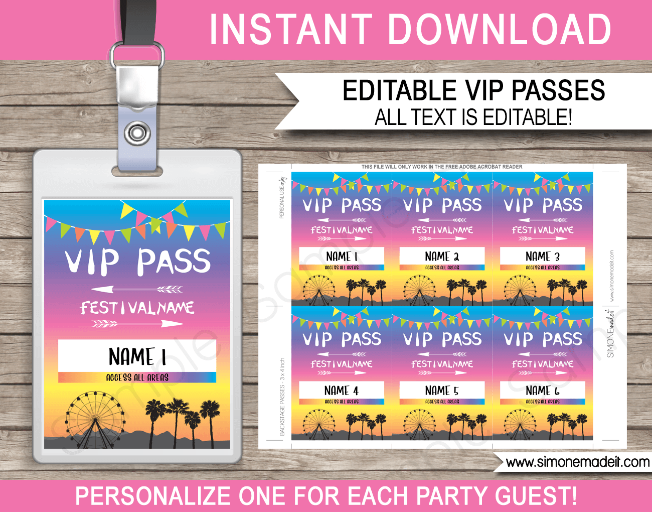 Printable Coachella Party VIP Passes Festival Birthday Party