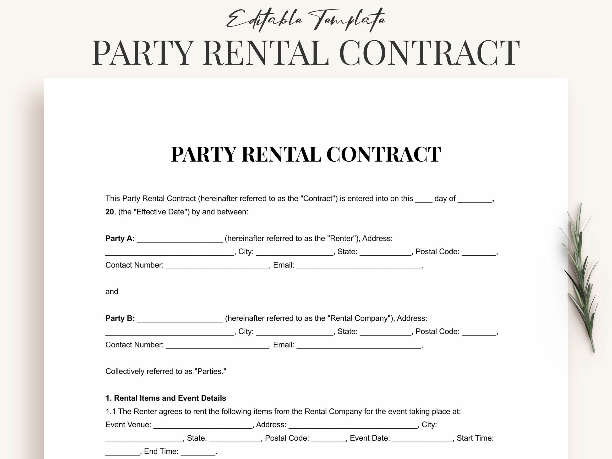 Printable Party Rental Contract Template