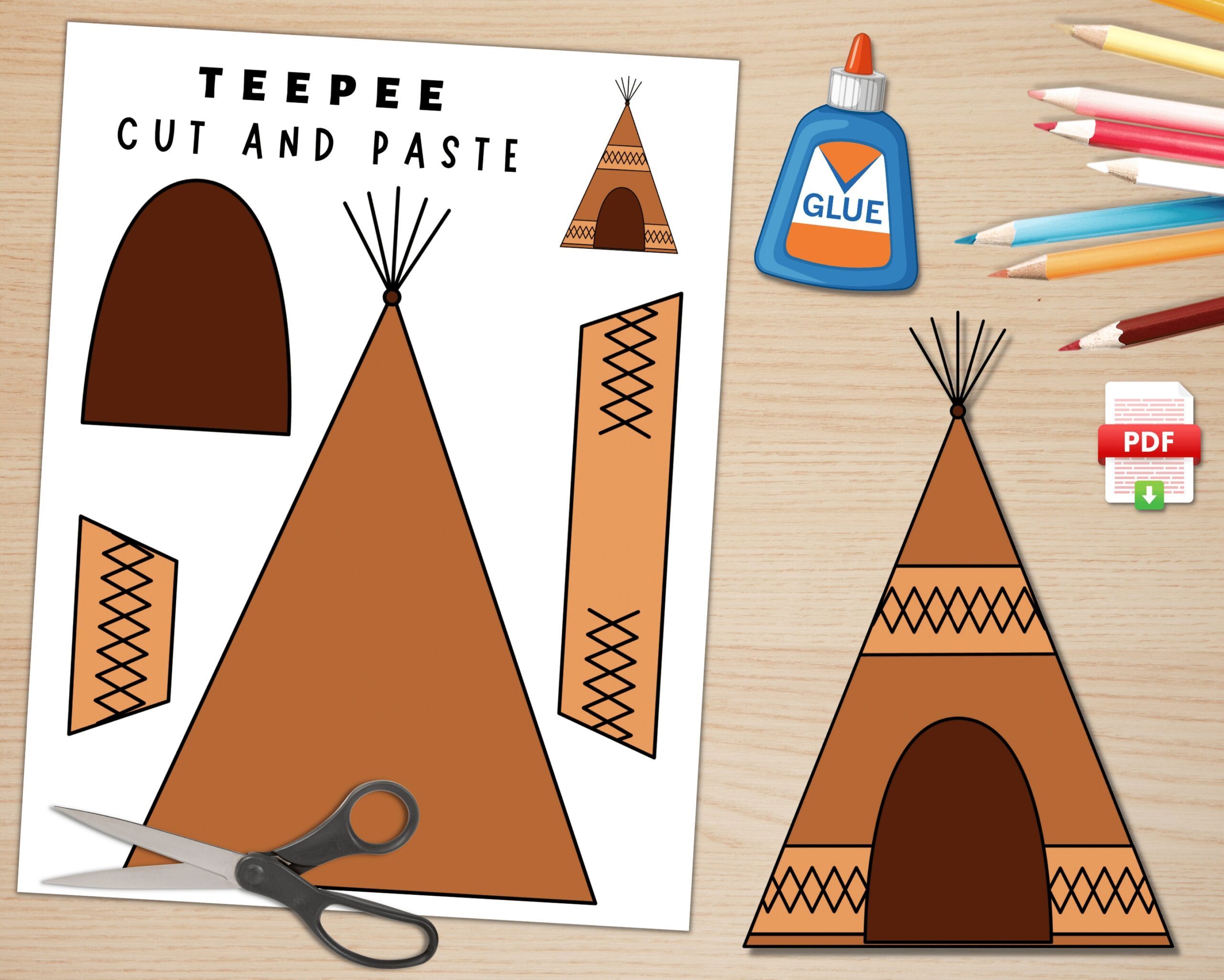 Printable Teepee Craft Native American Day Craft Activity Thanksgiving Activities Color Cut And Paste Paper Teepee PDF Etsy