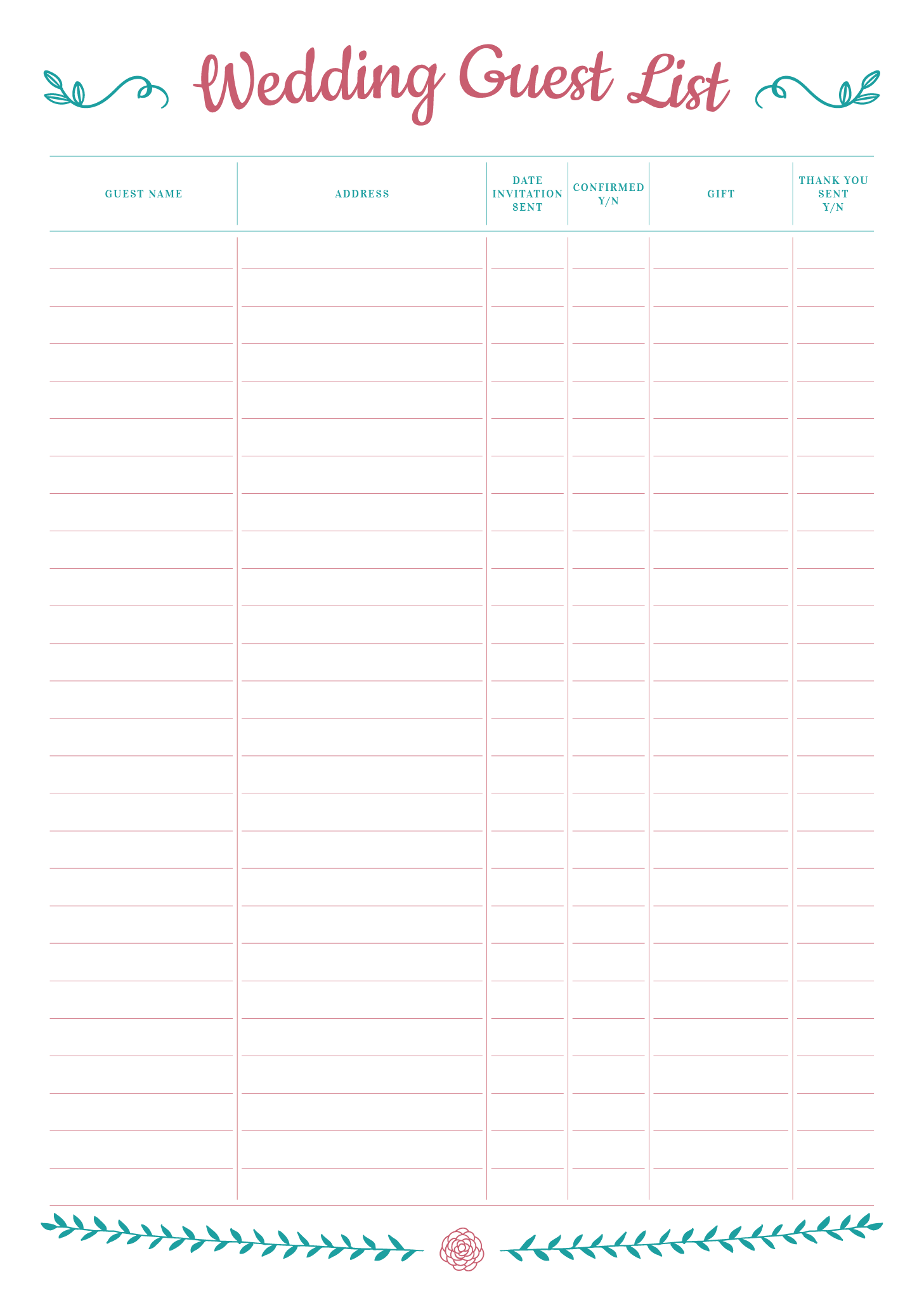 Printable Wedding Guest List With Gift Section PDF Download