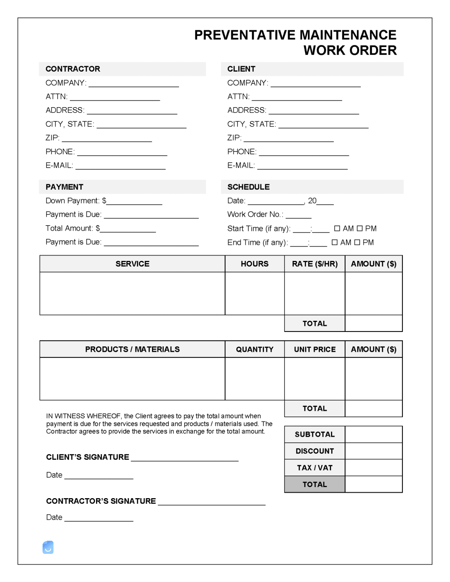 Free Printable Work Order Template