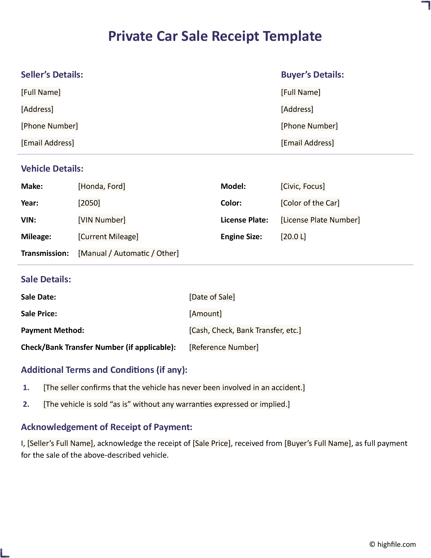 Private Car Sale Receipt Template Word Google Docs Highfile