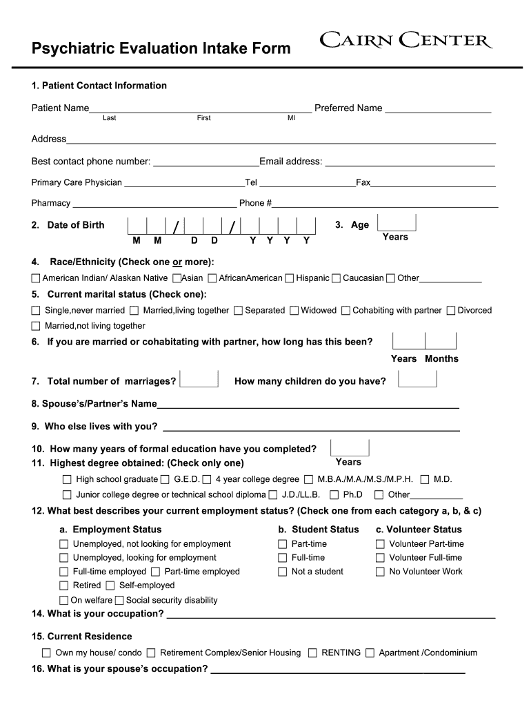 Printable Mental Health Intake Form Template