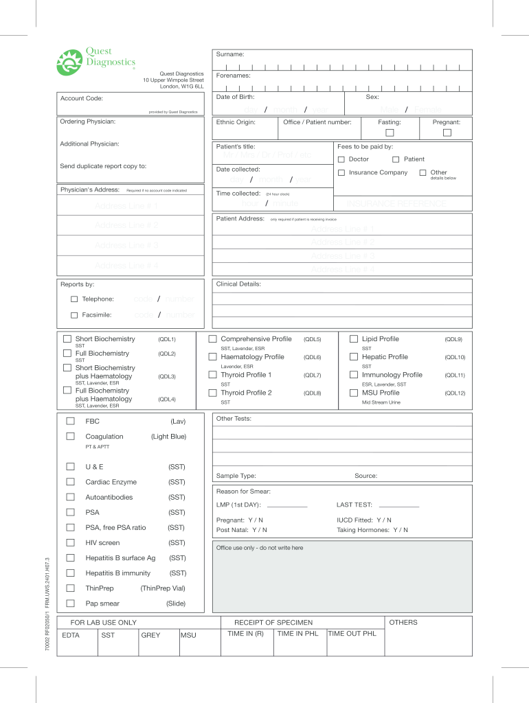 Quest Diagnostics Lab Order Form Fill Online Printable Fillable Blank PdfFiller