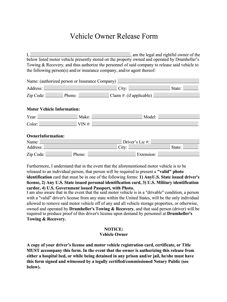 Printable Vehicle Release Form Template